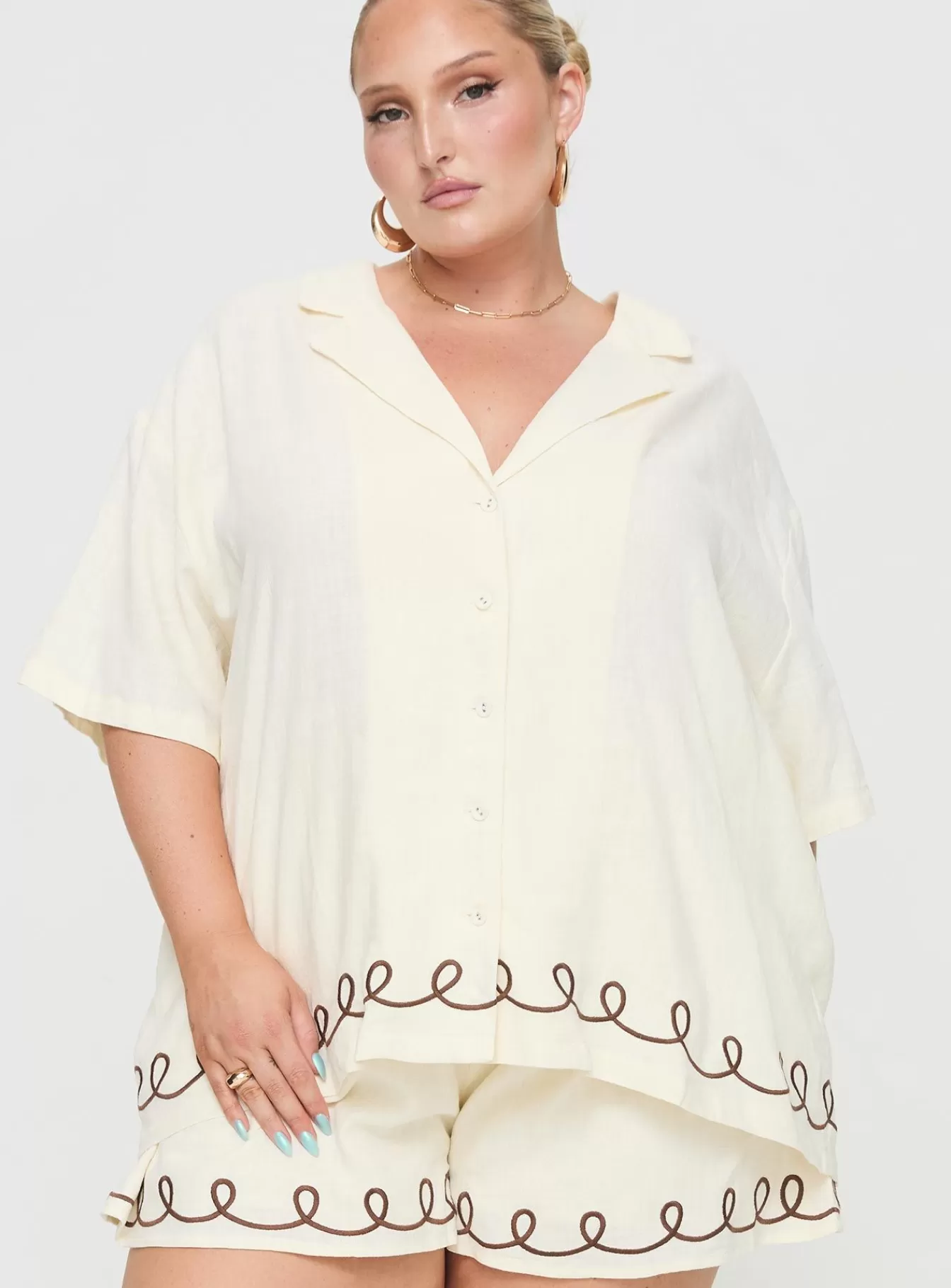 Princess Polly Spring Tops | Jamari Linen Blend Shirt Curve Cream / Brown