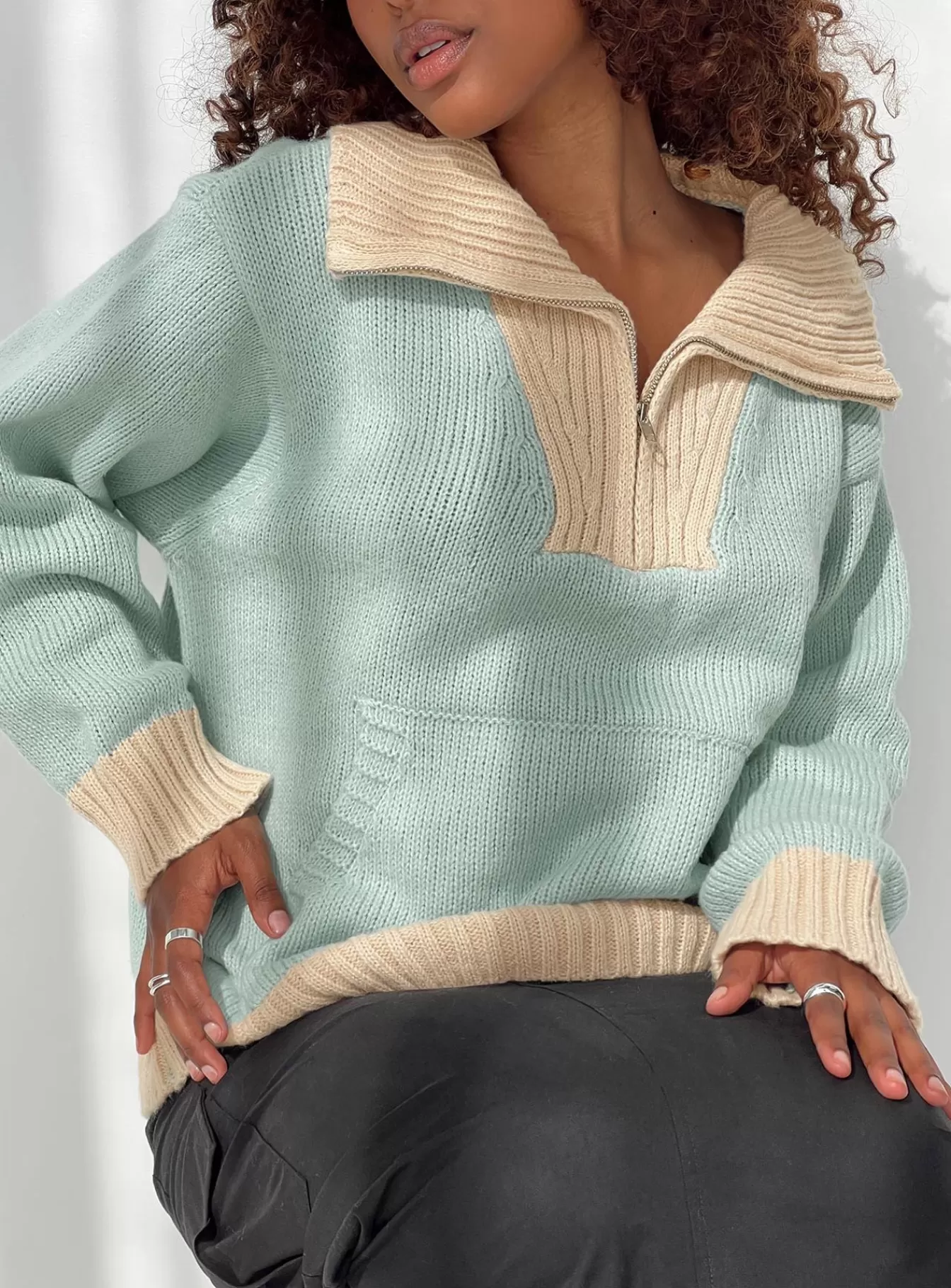 Princess Polly Knitted Sweaters | Leelie Quarter Zip Sweater Mint / Beige