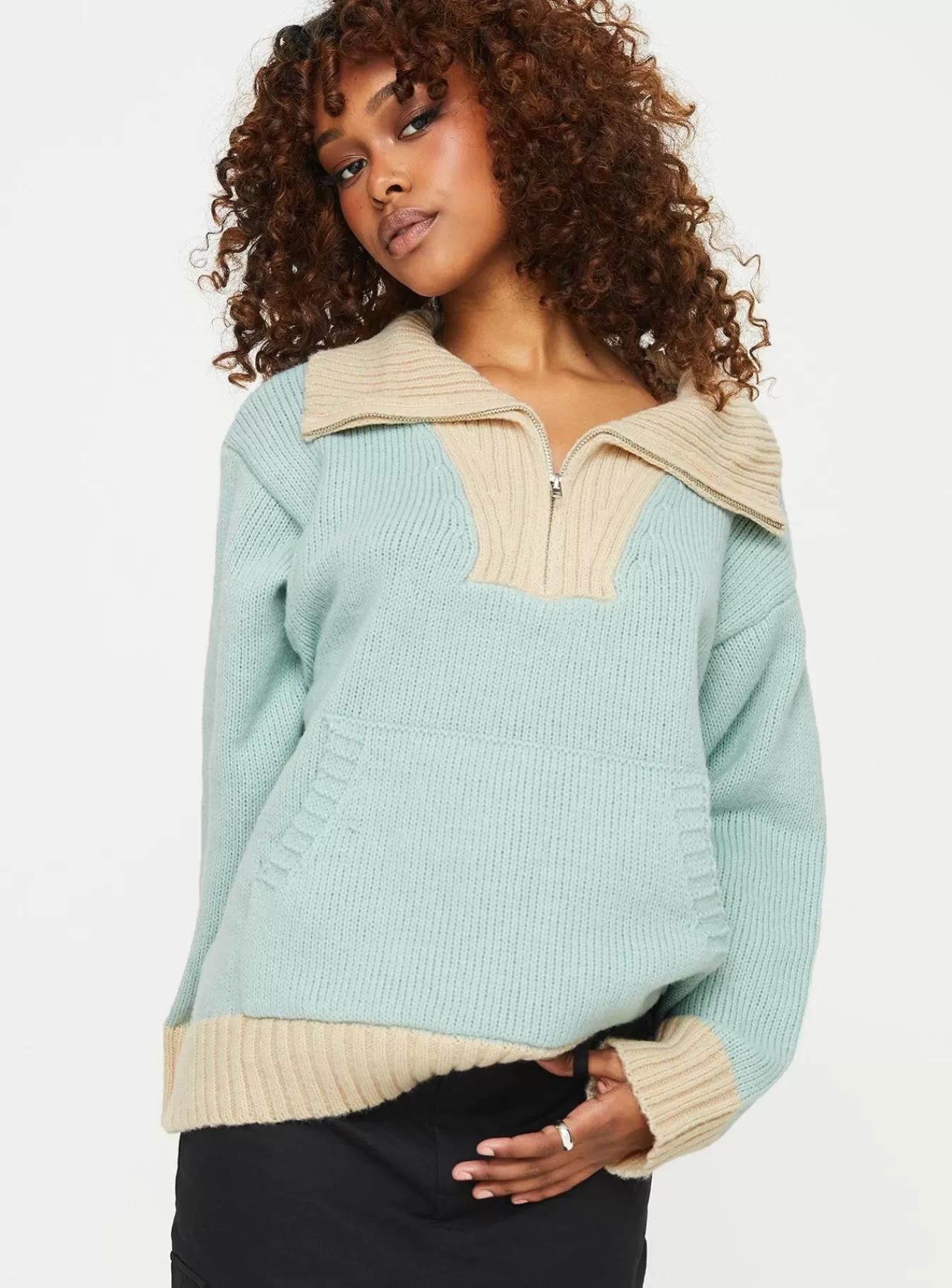 Princess Polly Knitted Sweaters | Leelie Quarter Zip Sweater Mint / Beige