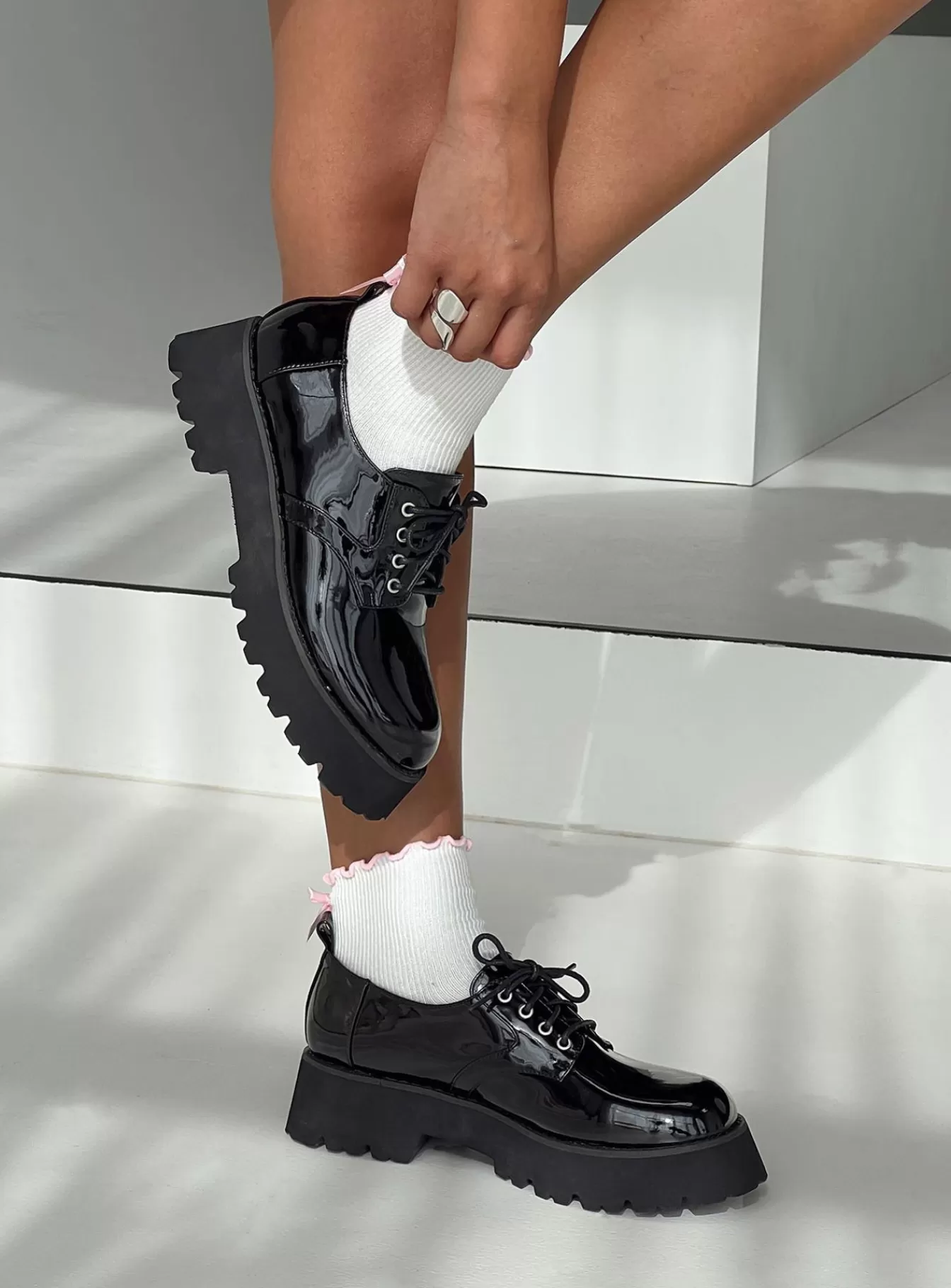 Princess Polly Loafers | Louisa Flats Black Black Patent