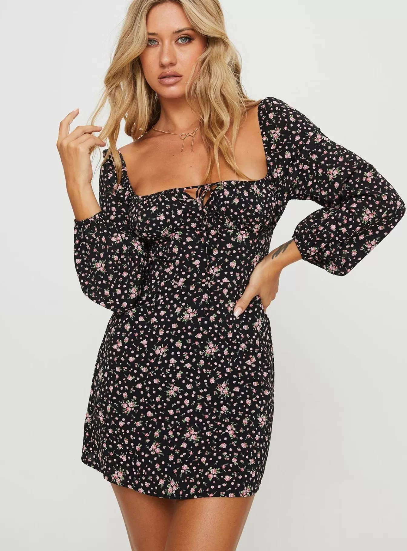 Princess Polly Mini Dresses | Lyndon Long Sleeve Mini Dress Black / Floral