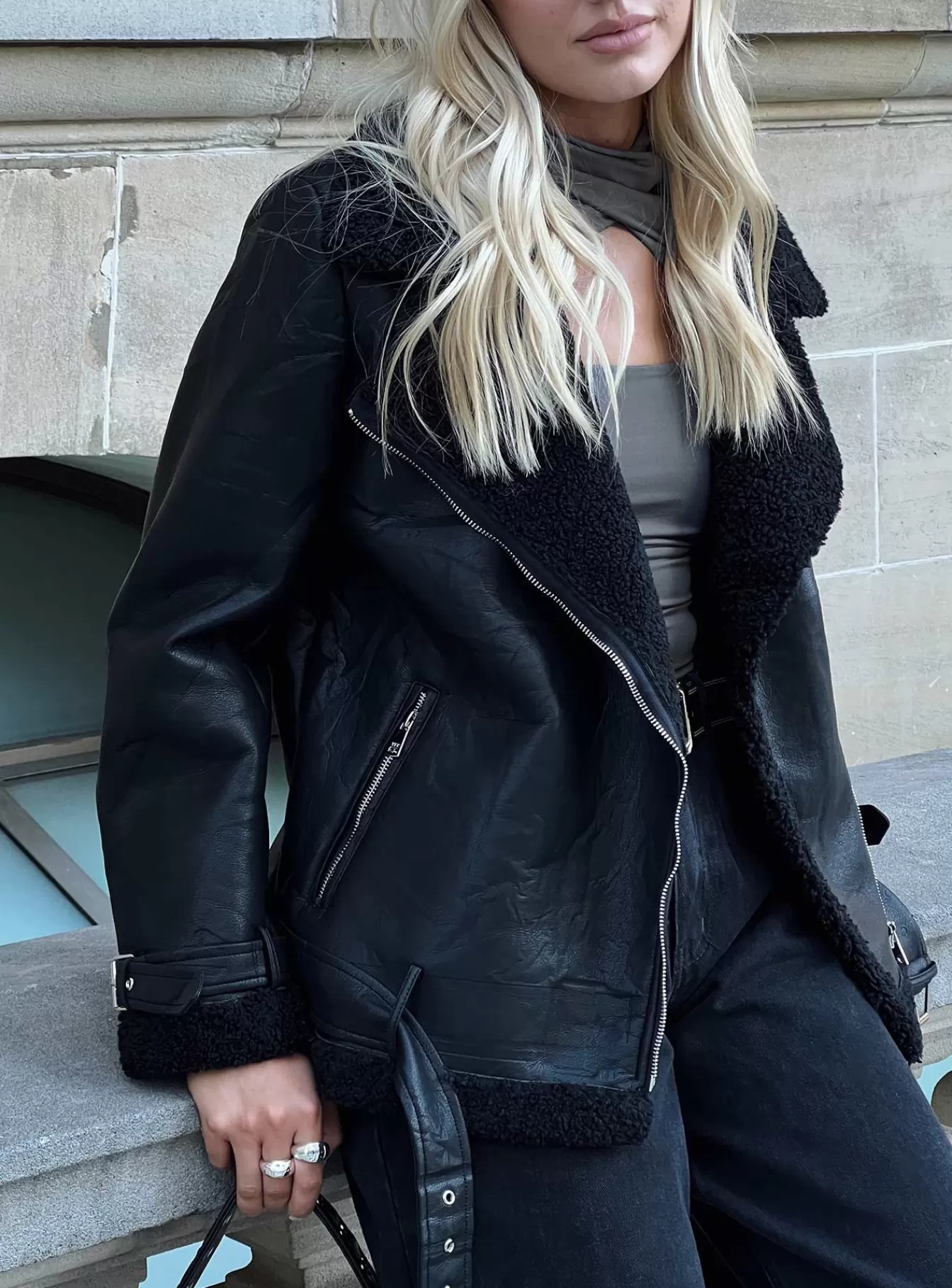 Princess Polly Leather Jackets | Maudie Shearling Faux Leather Jacket Black