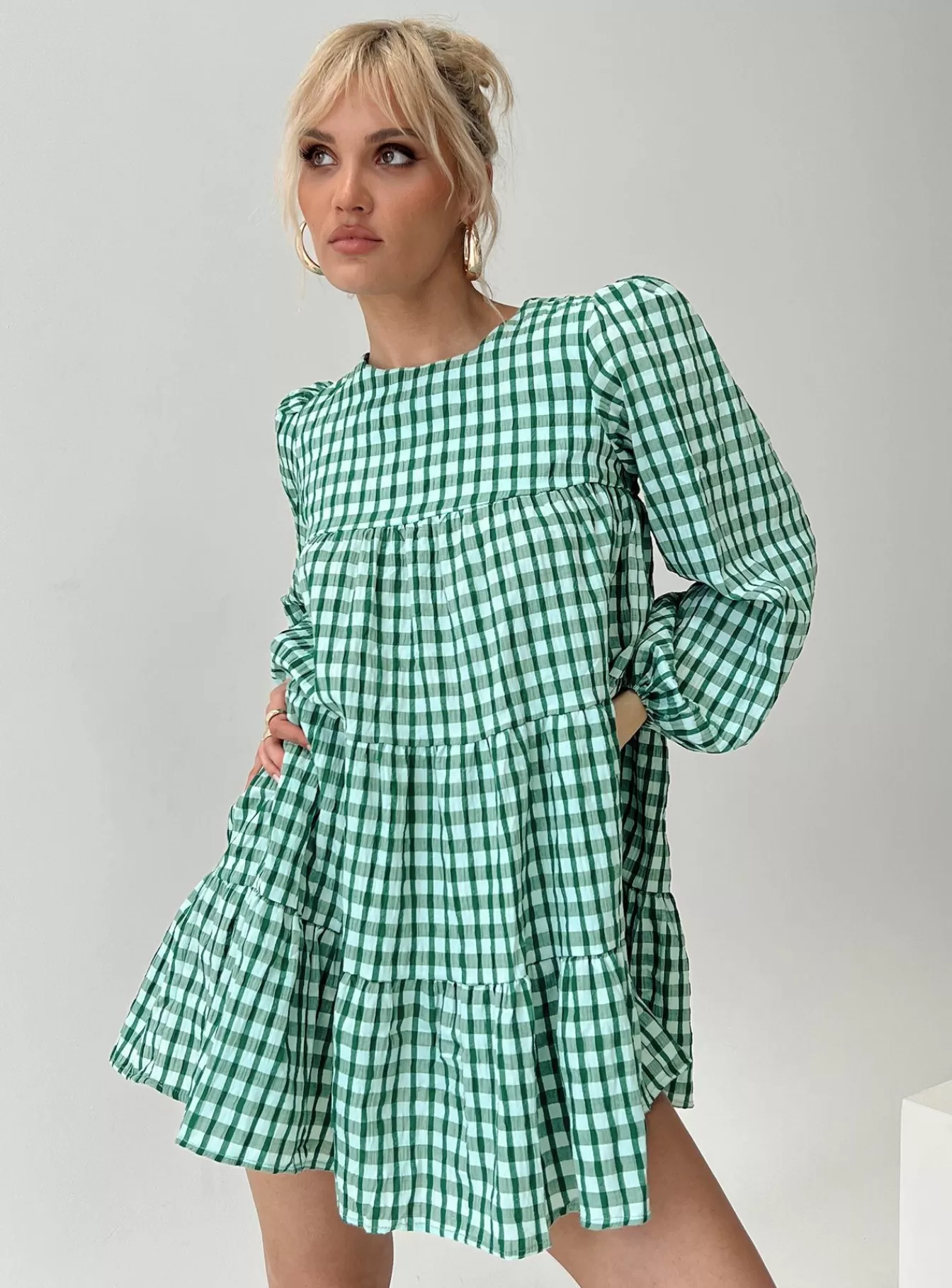 Princess Polly Mini Dresses | Miami Long Sleeve Mini Dress Green Check