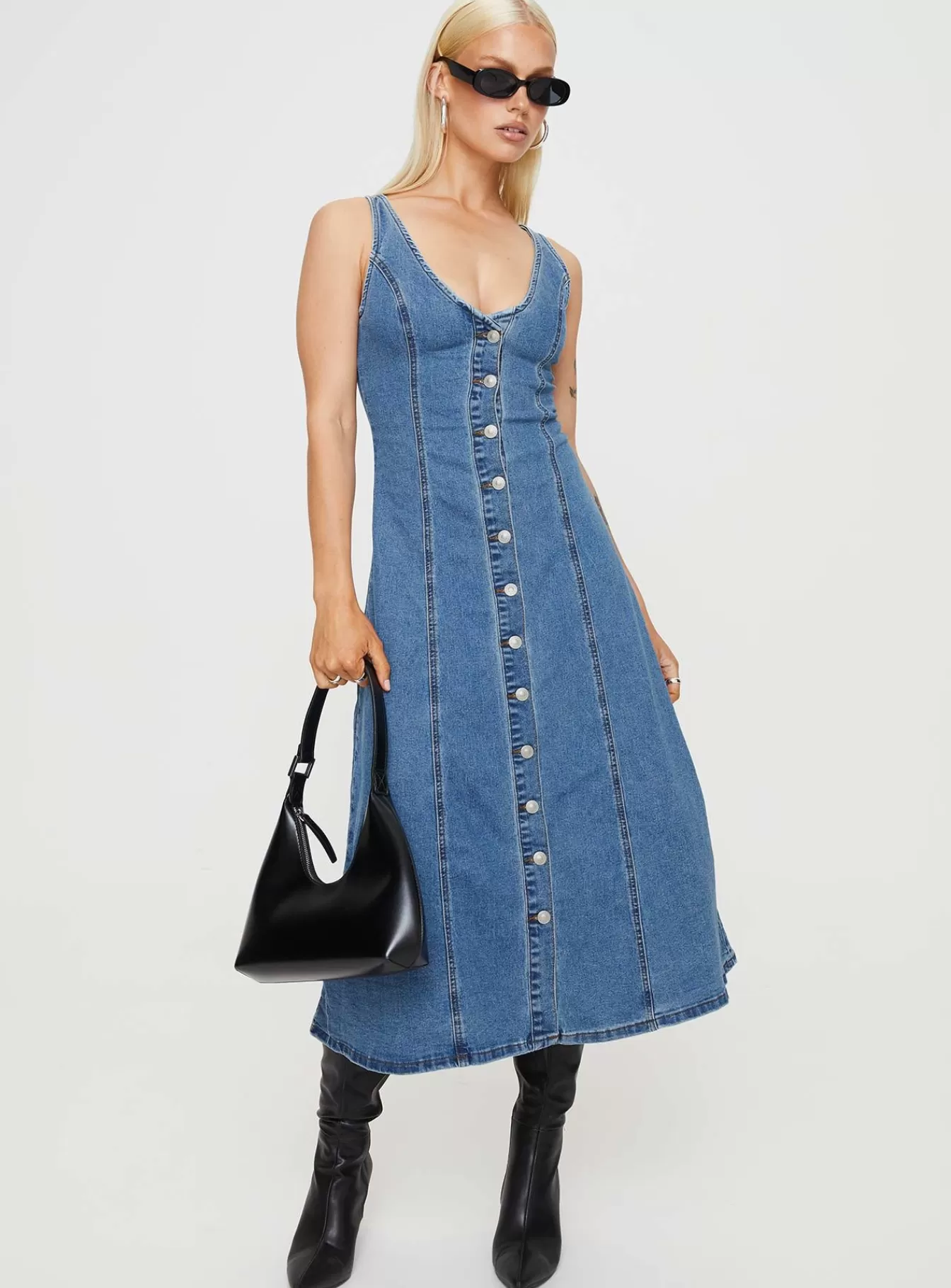 Princess Polly Midi Dresses | Midler Denim Midi Dress Mid Blue