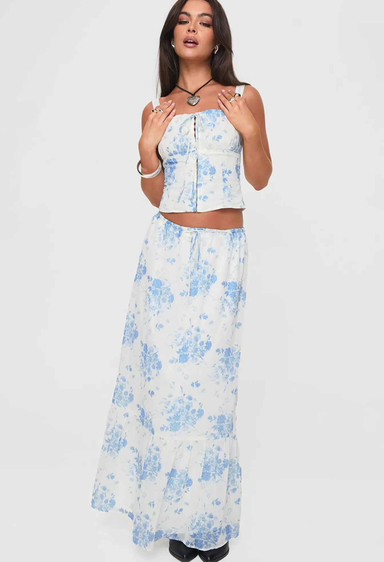 Princess Polly Skirts | Modern Girl Maxi Skirt White / Blue Floral
