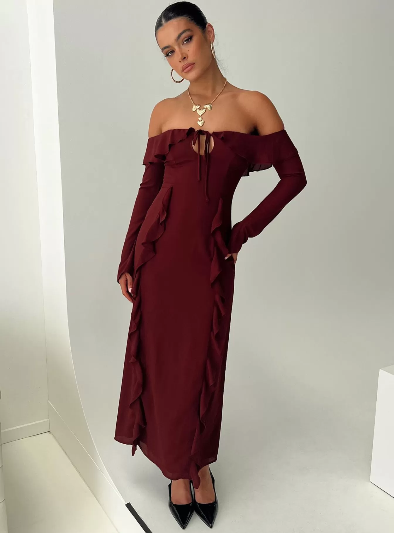 Princess Polly Maxi Dresses | Molins Off The Shoulder Maxi Dress Burgundy