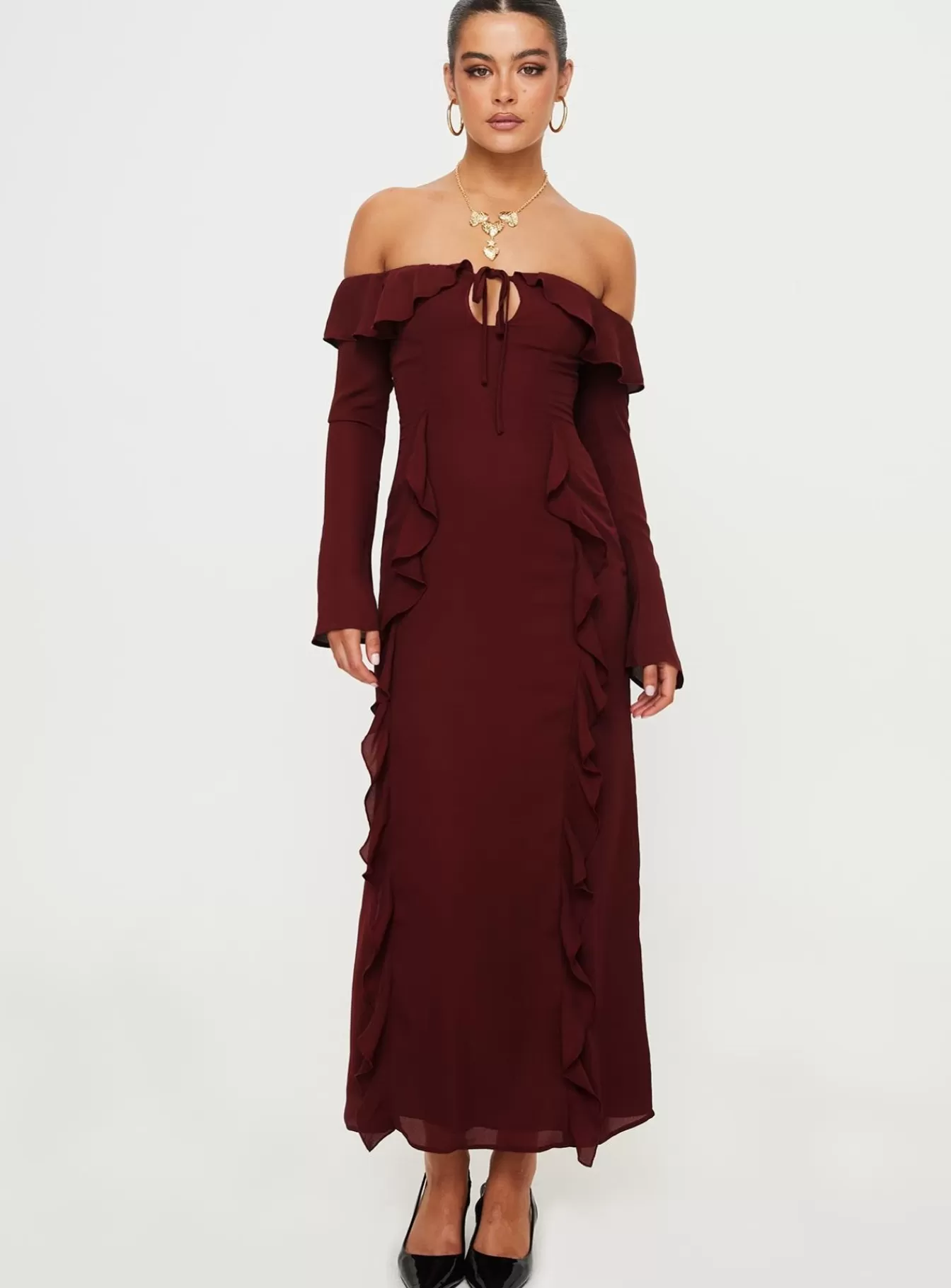 Princess Polly Maxi Dresses | Molins Off The Shoulder Maxi Dress Burgundy