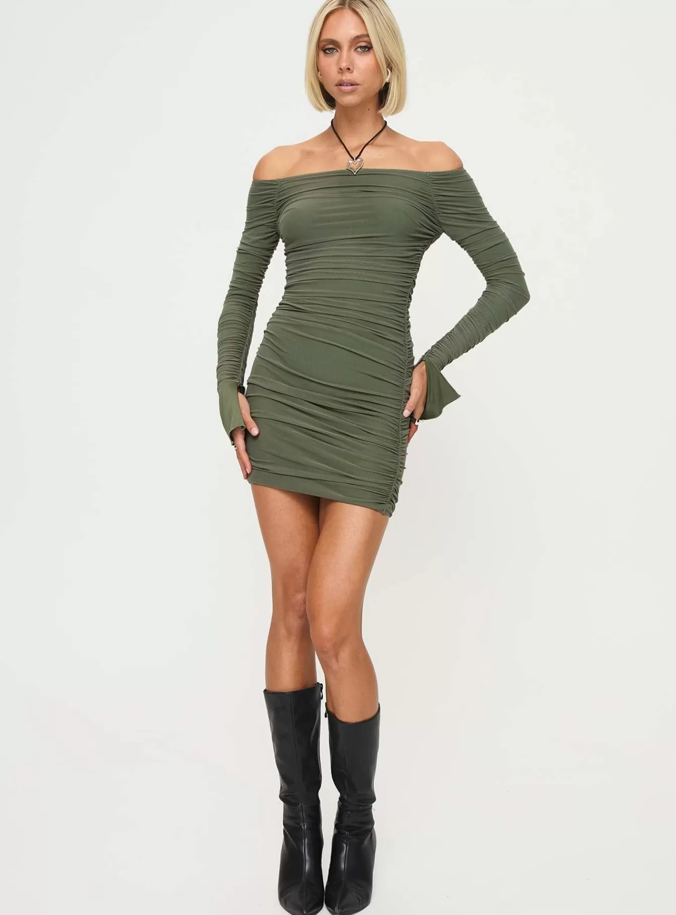 Princess Polly Mini Dresses | Moreno Long Sleeve Mini Dress Olive
