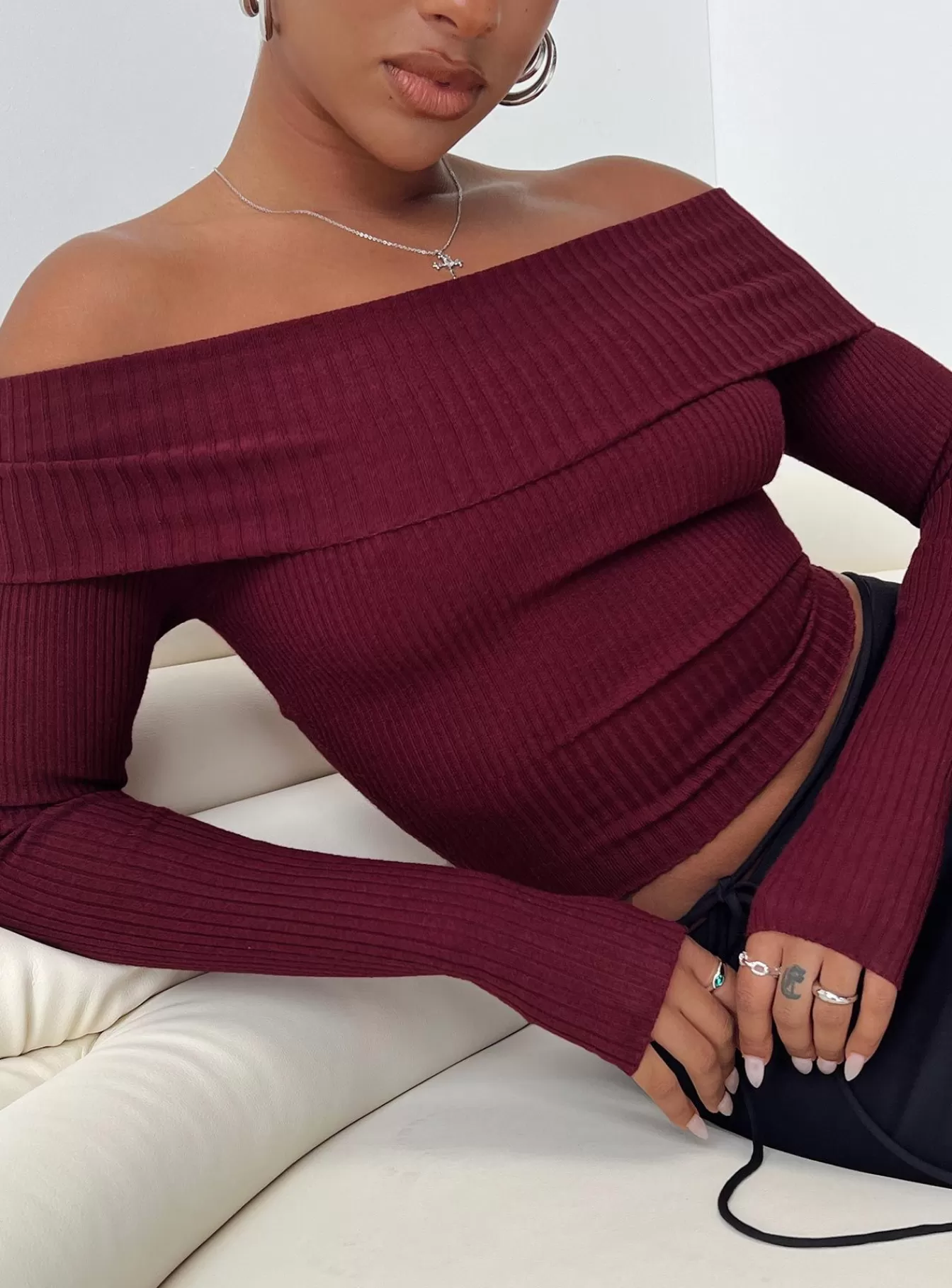 Princess Polly Long Sleeve Tops | Morley Off Shoulder Sweater Burgundy