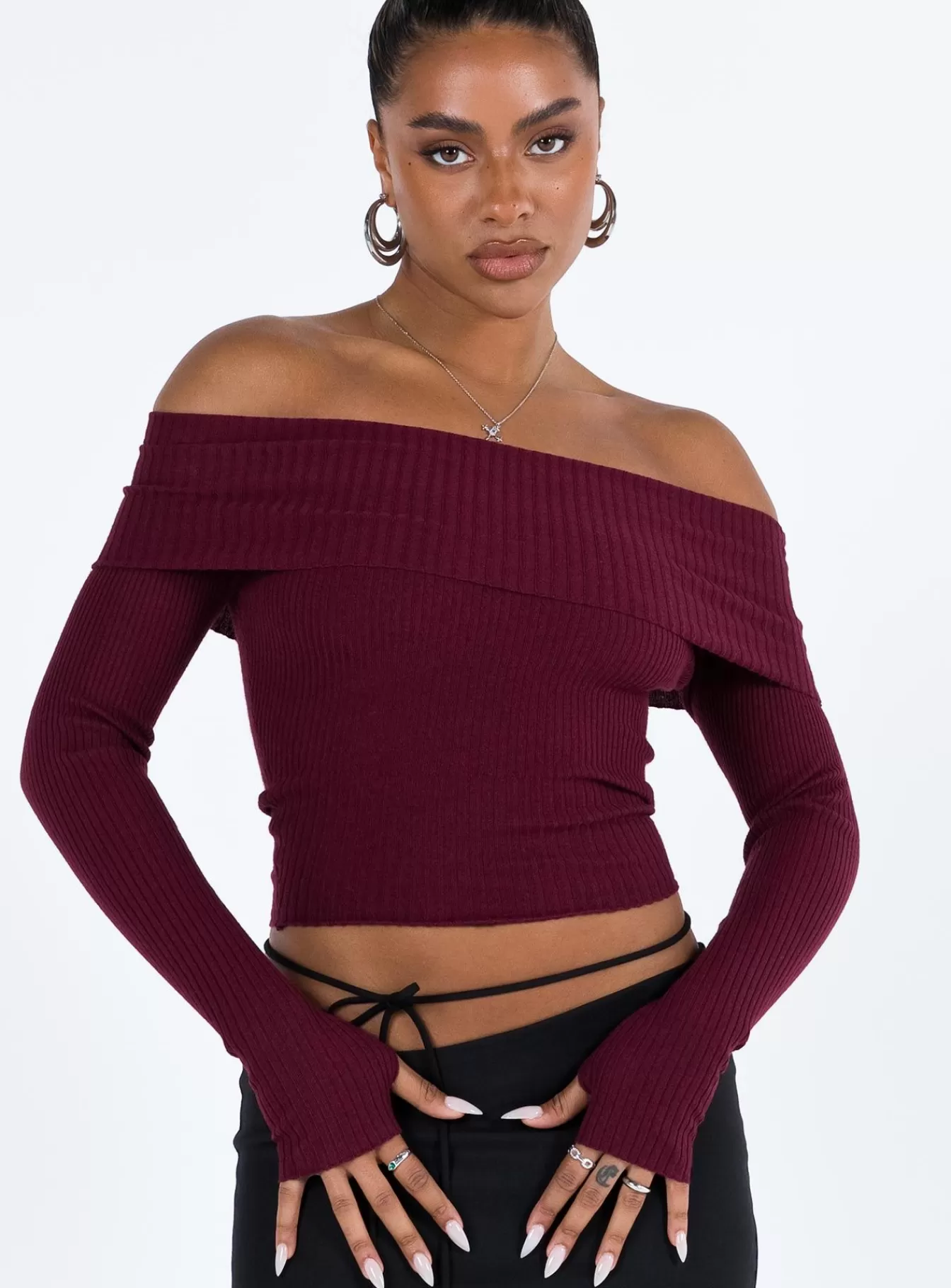 Princess Polly Long Sleeve Tops | Morley Off Shoulder Sweater Burgundy