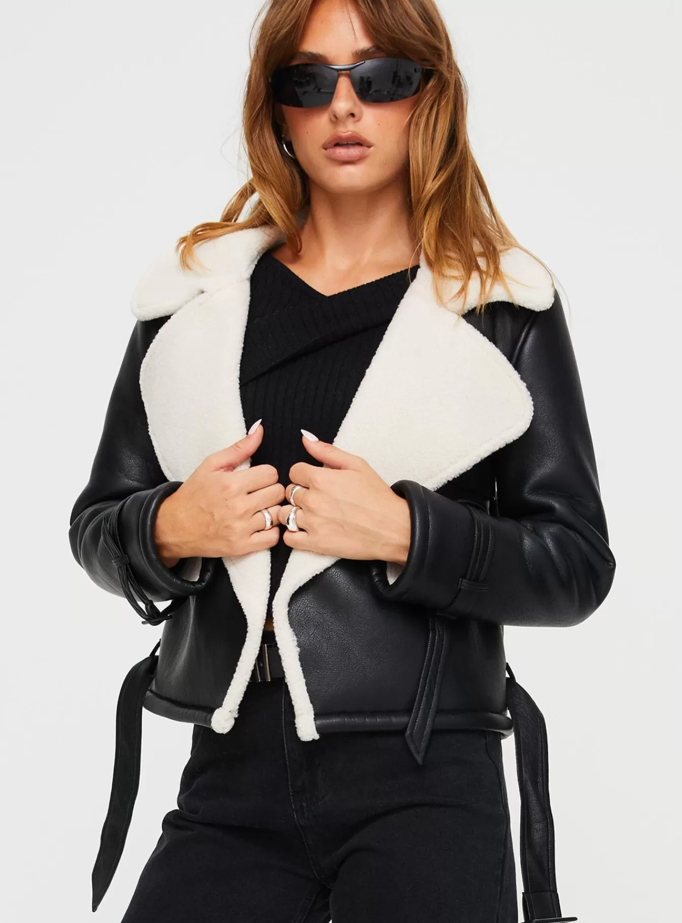 Princess Polly Leather Jackets | Nathalia Shearling Aviator Jacket Black