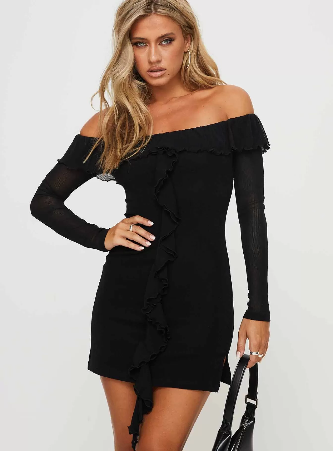 Princess Polly Mini Dresses | Navaro Off The Shoulder Mini Dress Black