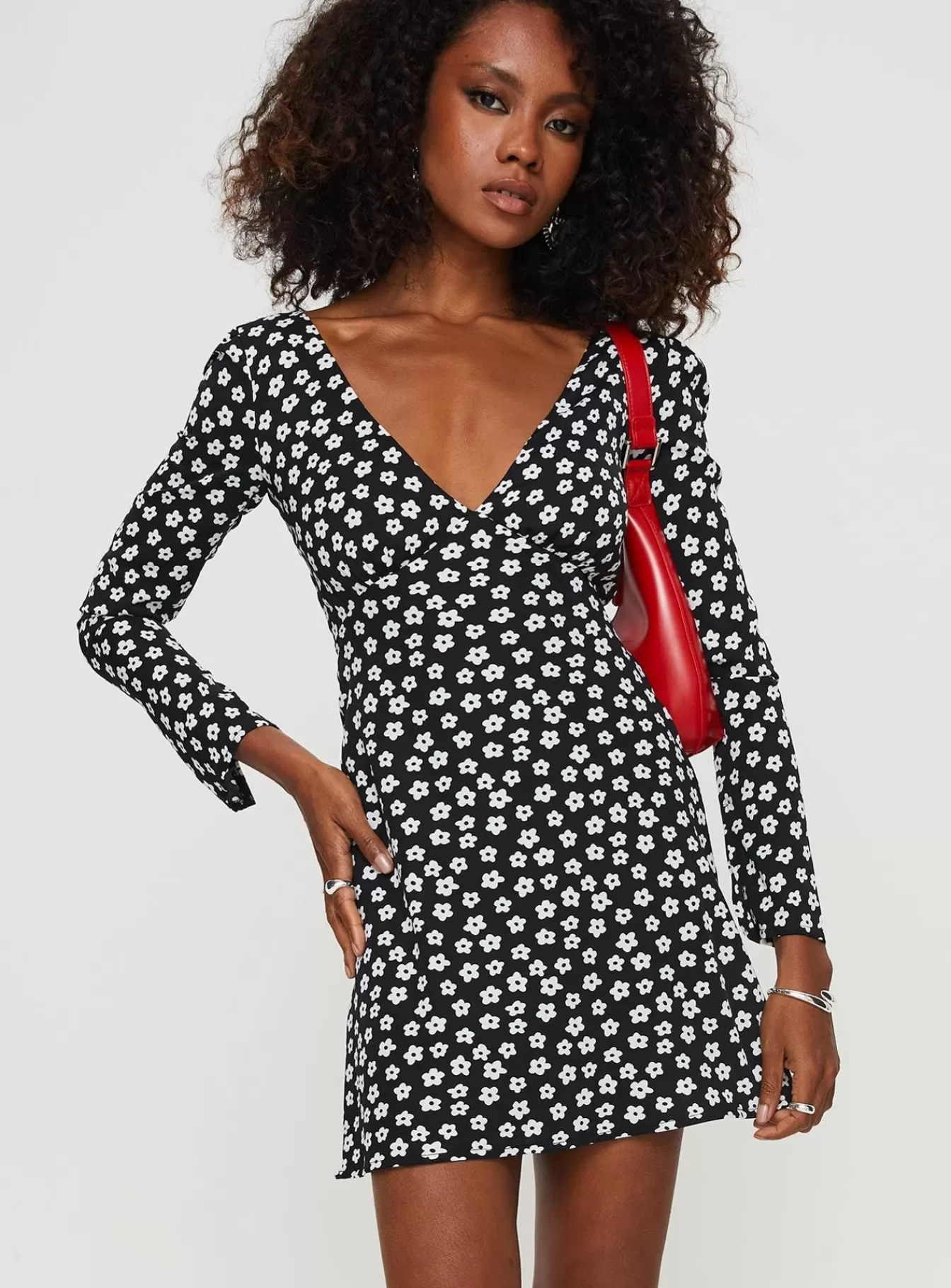 Princess Polly Mini Dresses | Nellie Long Sleeve Mini Dress Black / White Floral