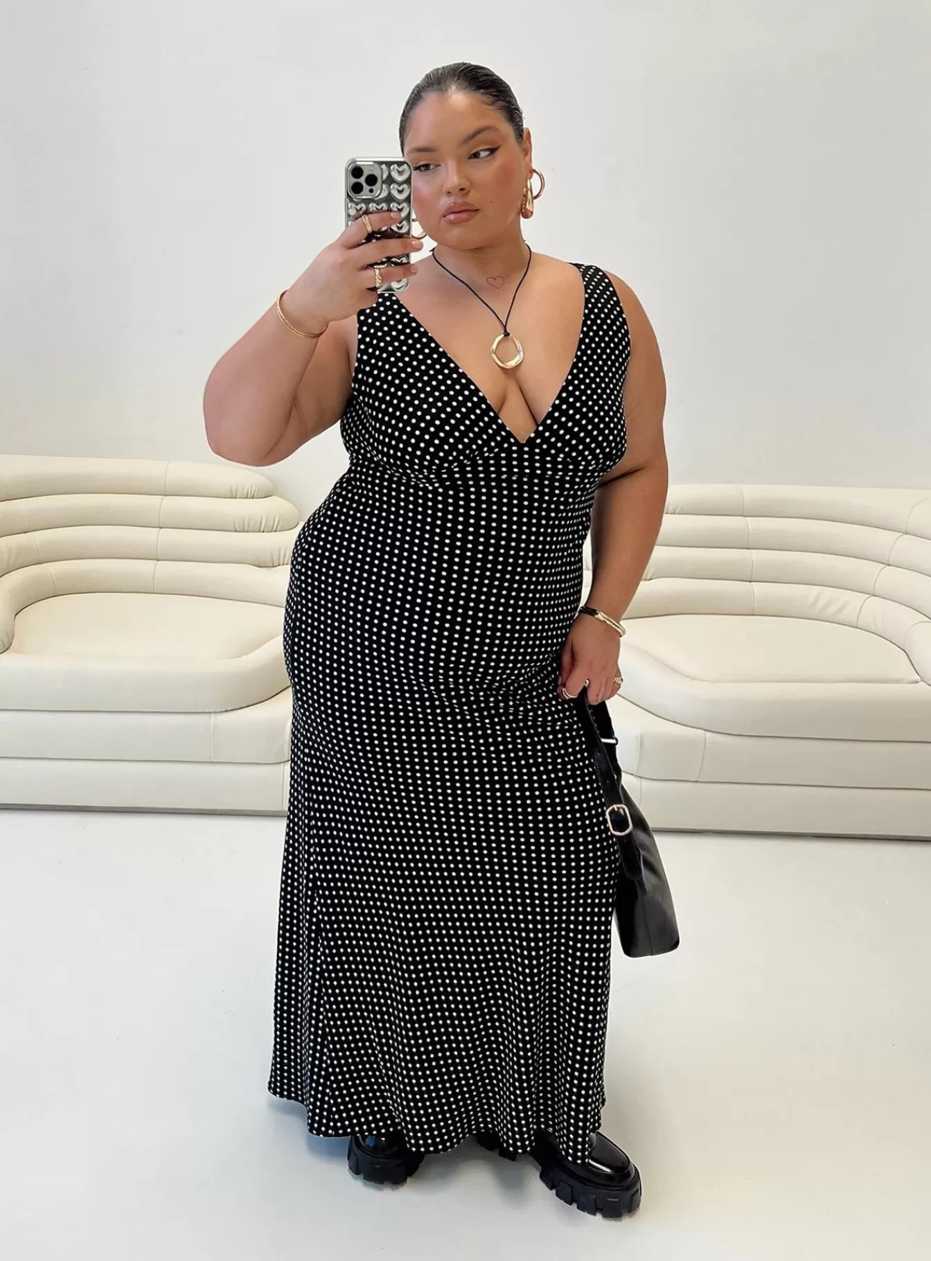 Princess Polly Curve Dresses | Nellie Maxi Dress Polka Dot Curve Black