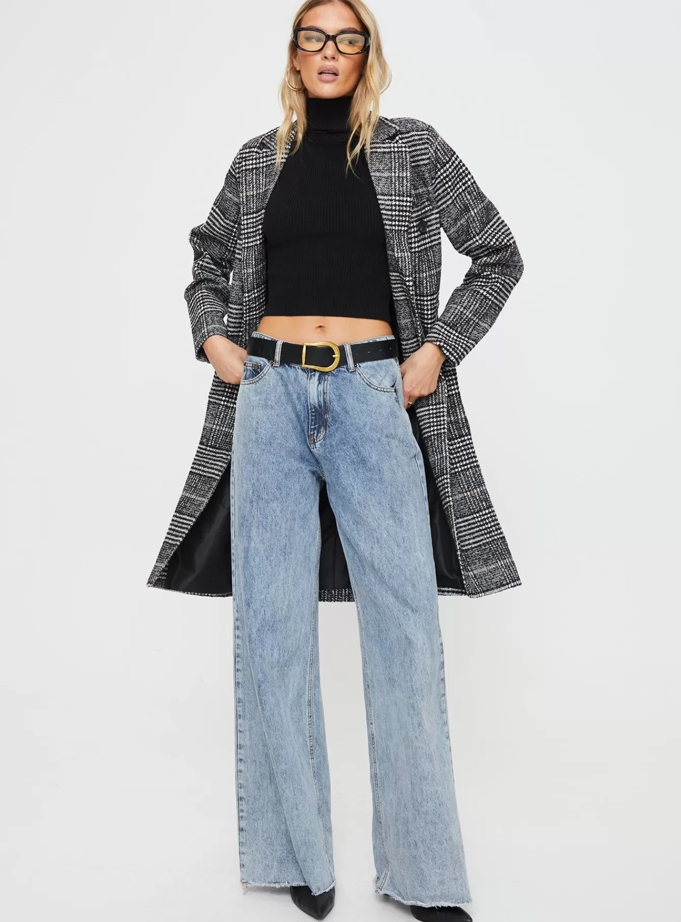 Princess Polly Coats | Newman Plaid Longline Coat Black