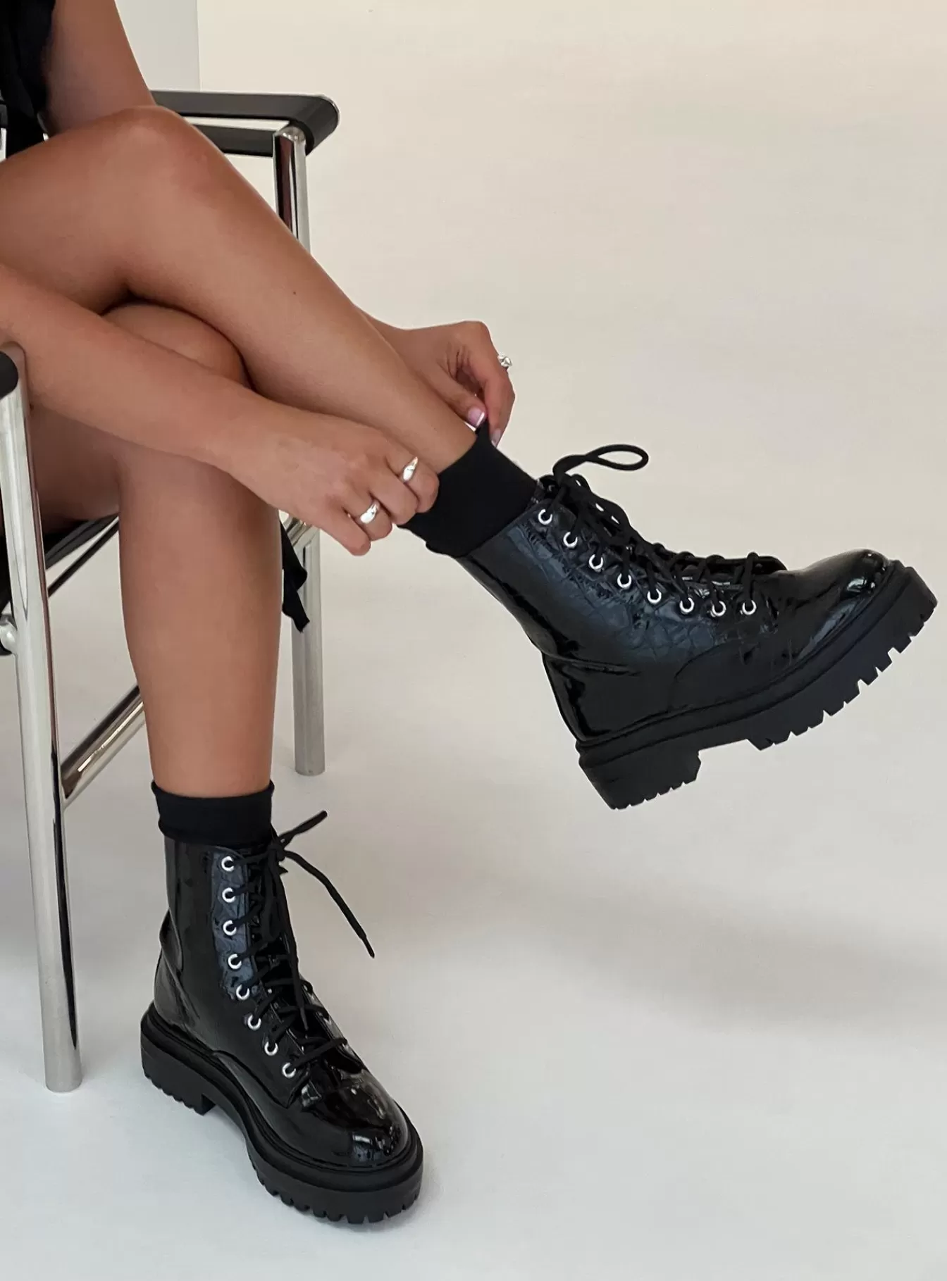 Princess Polly Boots | Obey Combat Boots Black Croc Black Croc Patent