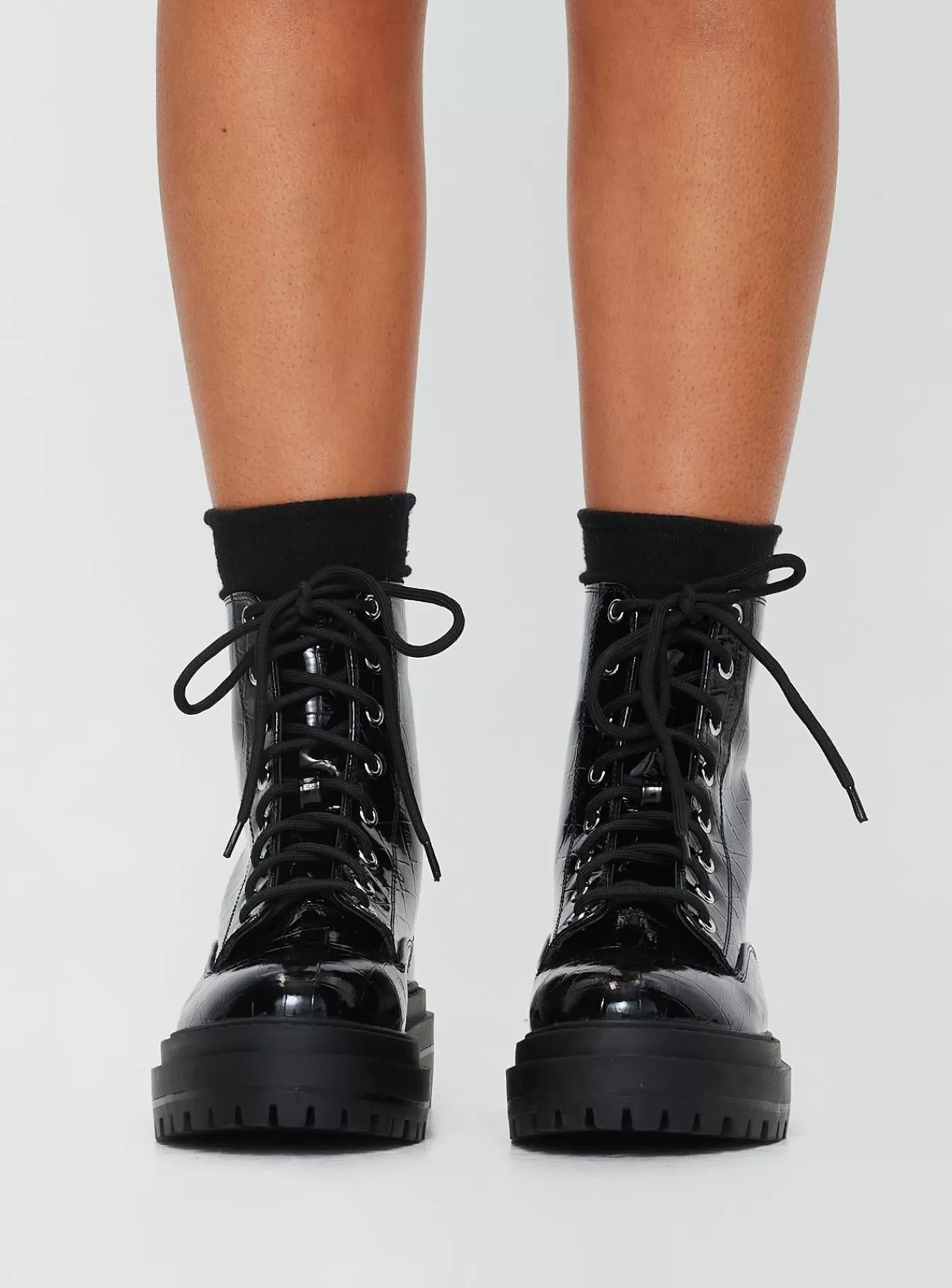 Princess Polly Boots | Obey Combat Boots Black Croc Black Croc Patent
