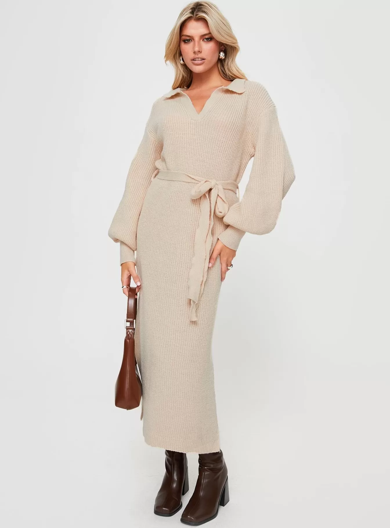 Princess Polly Maxi Dresses | Oriel Long Sleeve Knit Maxi Dress Beige