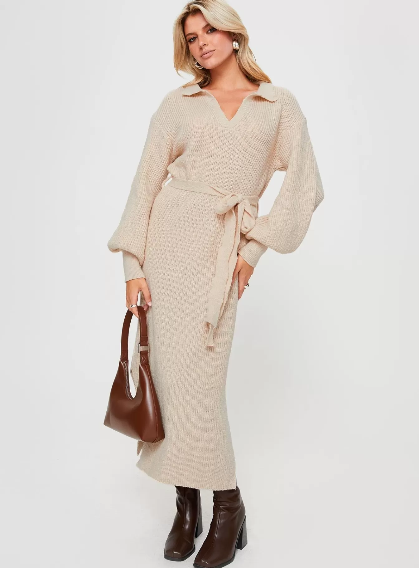 Princess Polly Maxi Dresses | Oriel Long Sleeve Knit Maxi Dress Beige