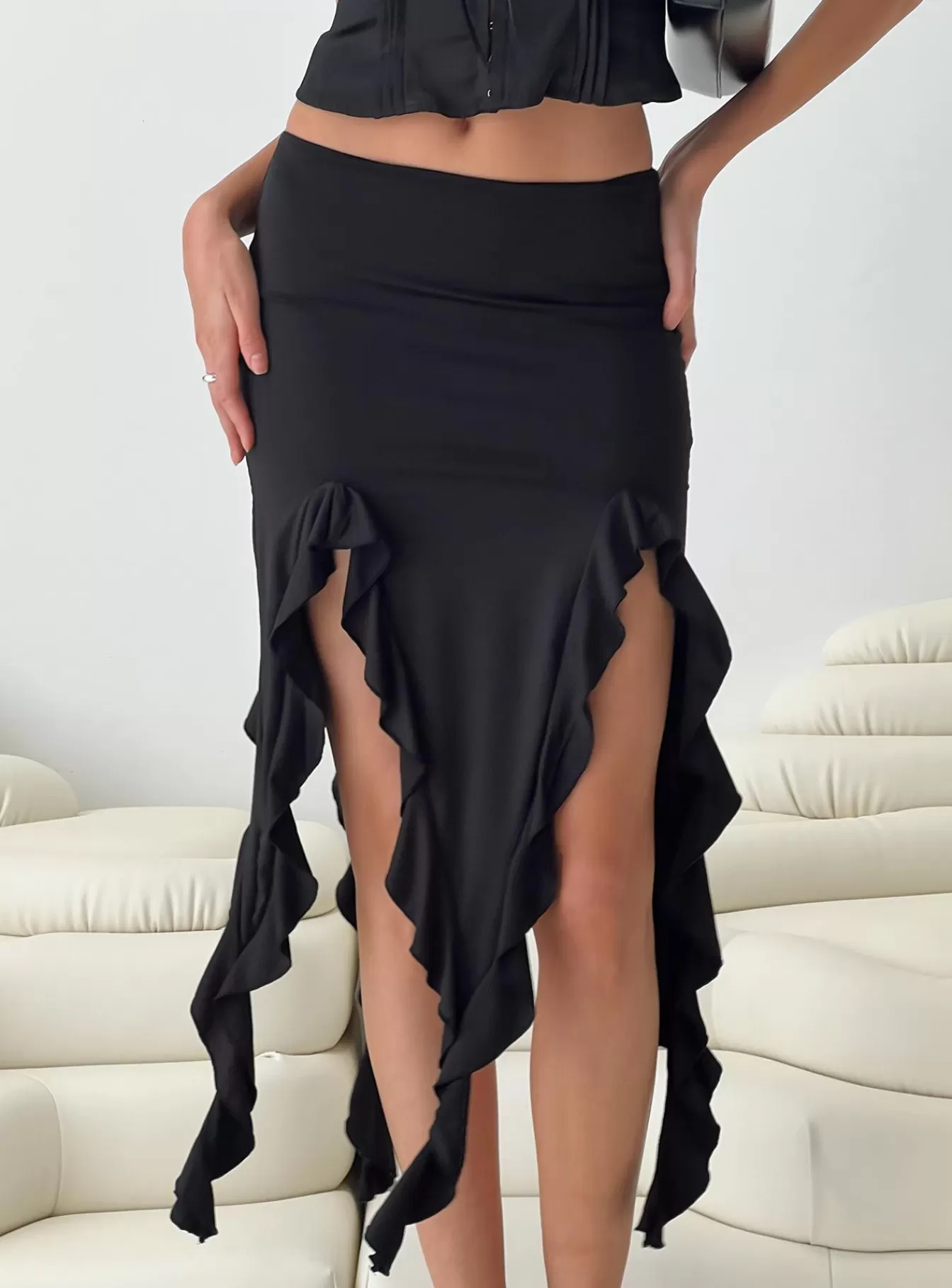 Princess Polly Skirts | Peachey Asymmetric Ruffle Midi Skirt Black