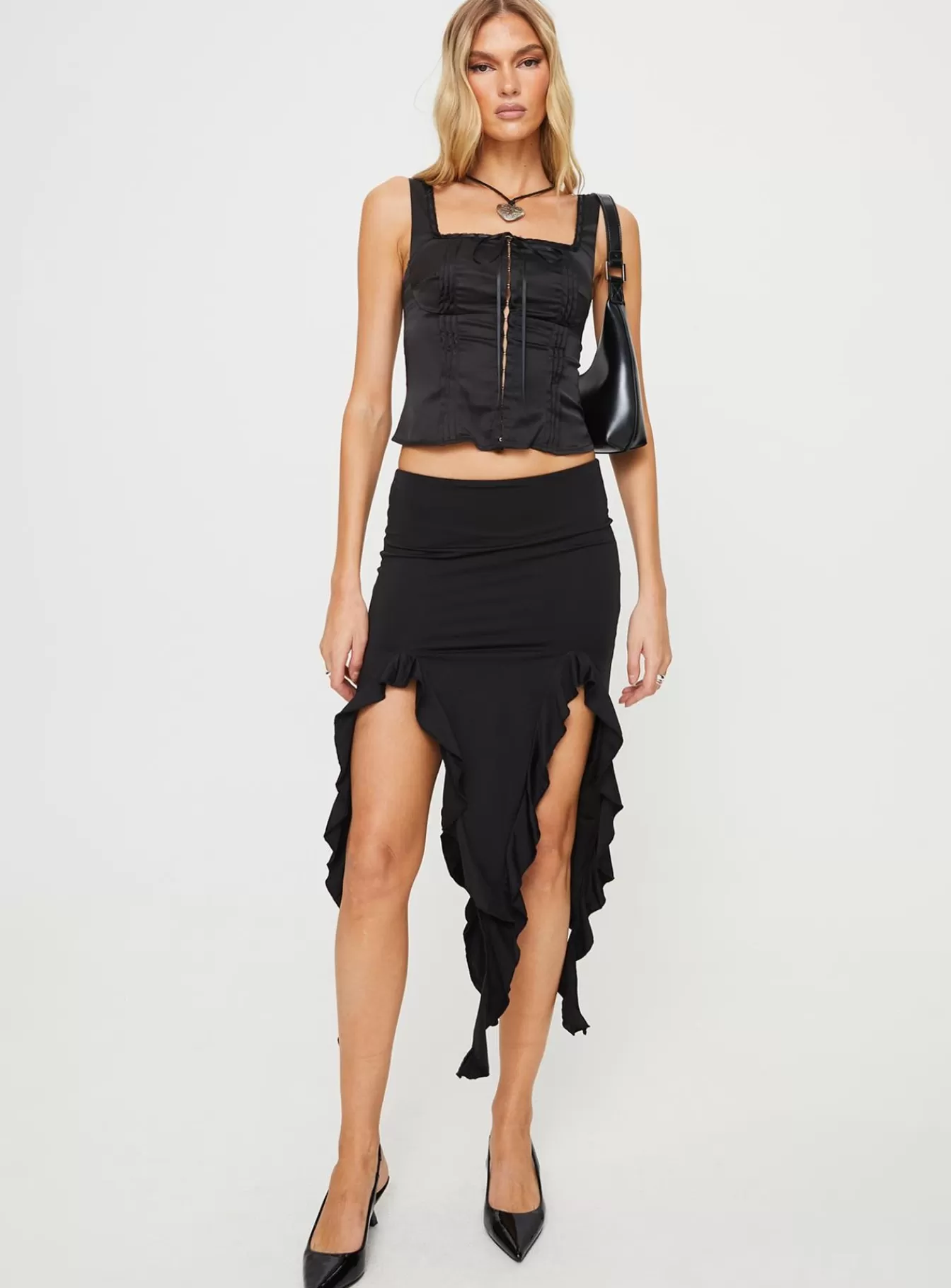 Princess Polly Skirts | Peachey Asymmetric Ruffle Midi Skirt Black