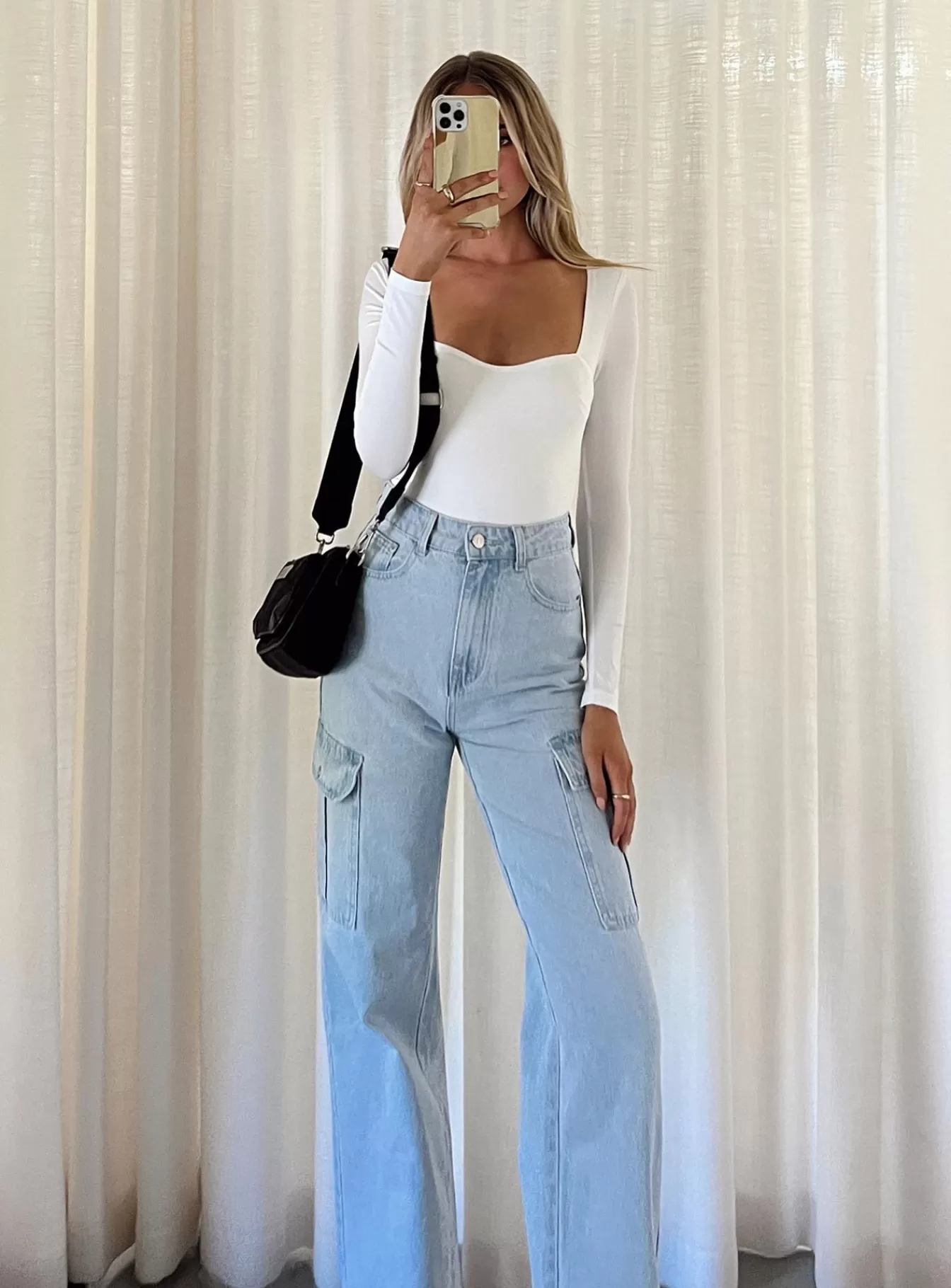 Princess Polly Jeans | Pimaga Wide Leg Cargo Jeans Light Wash Denim