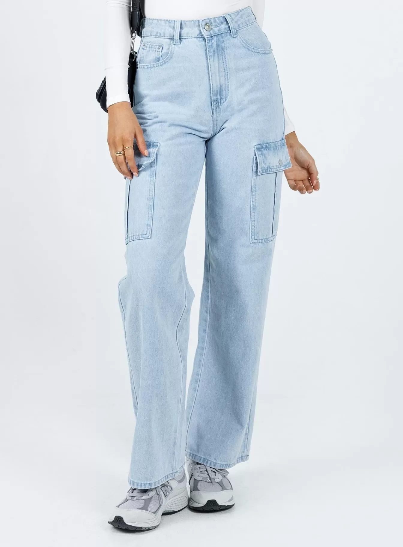 Princess Polly Jeans | Pimaga Wide Leg Cargo Jeans Light Wash Denim