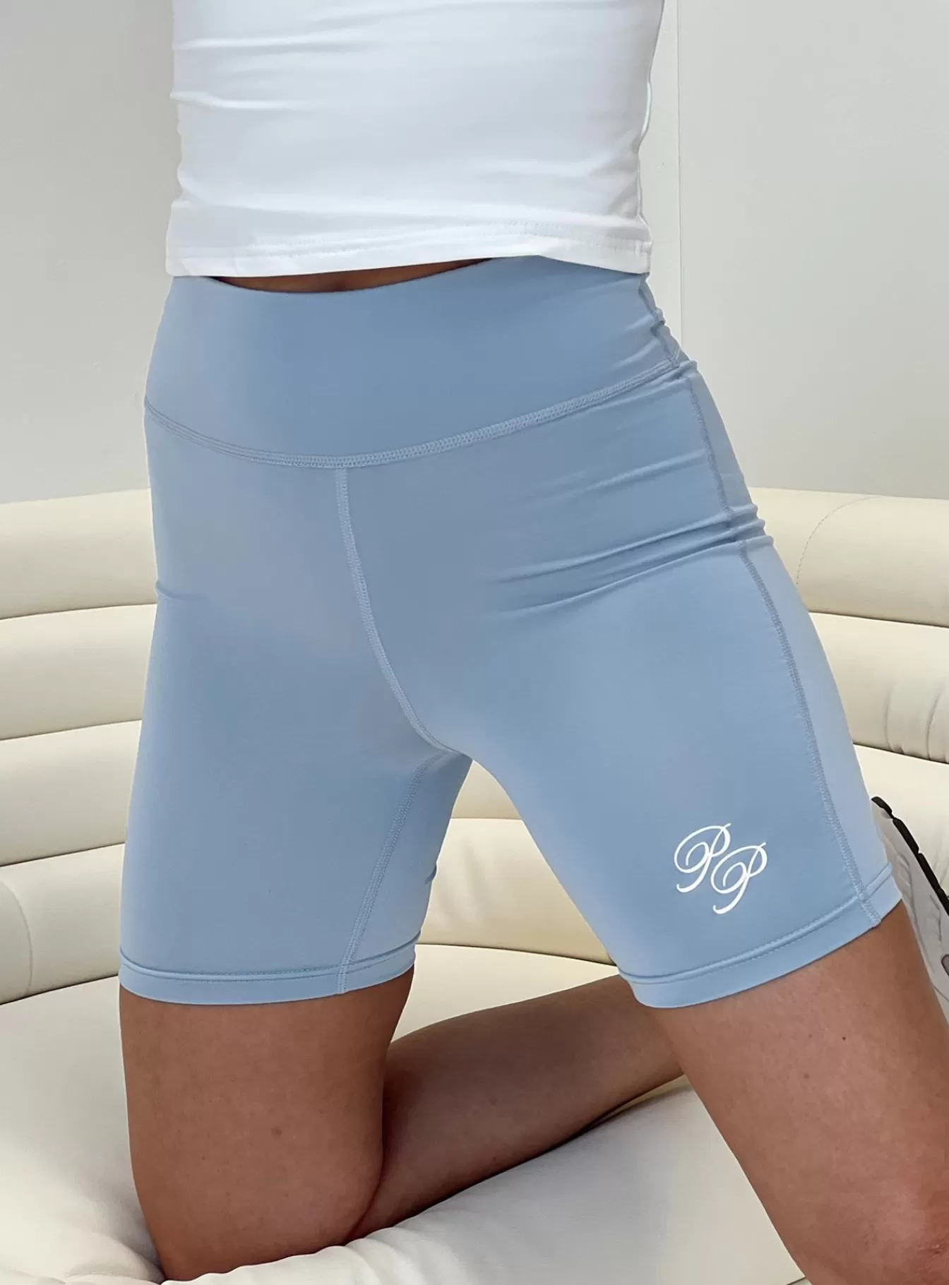 Princess Polly Shorts | Bike Shorts Cursive Text Pale Blue/ Eggshell