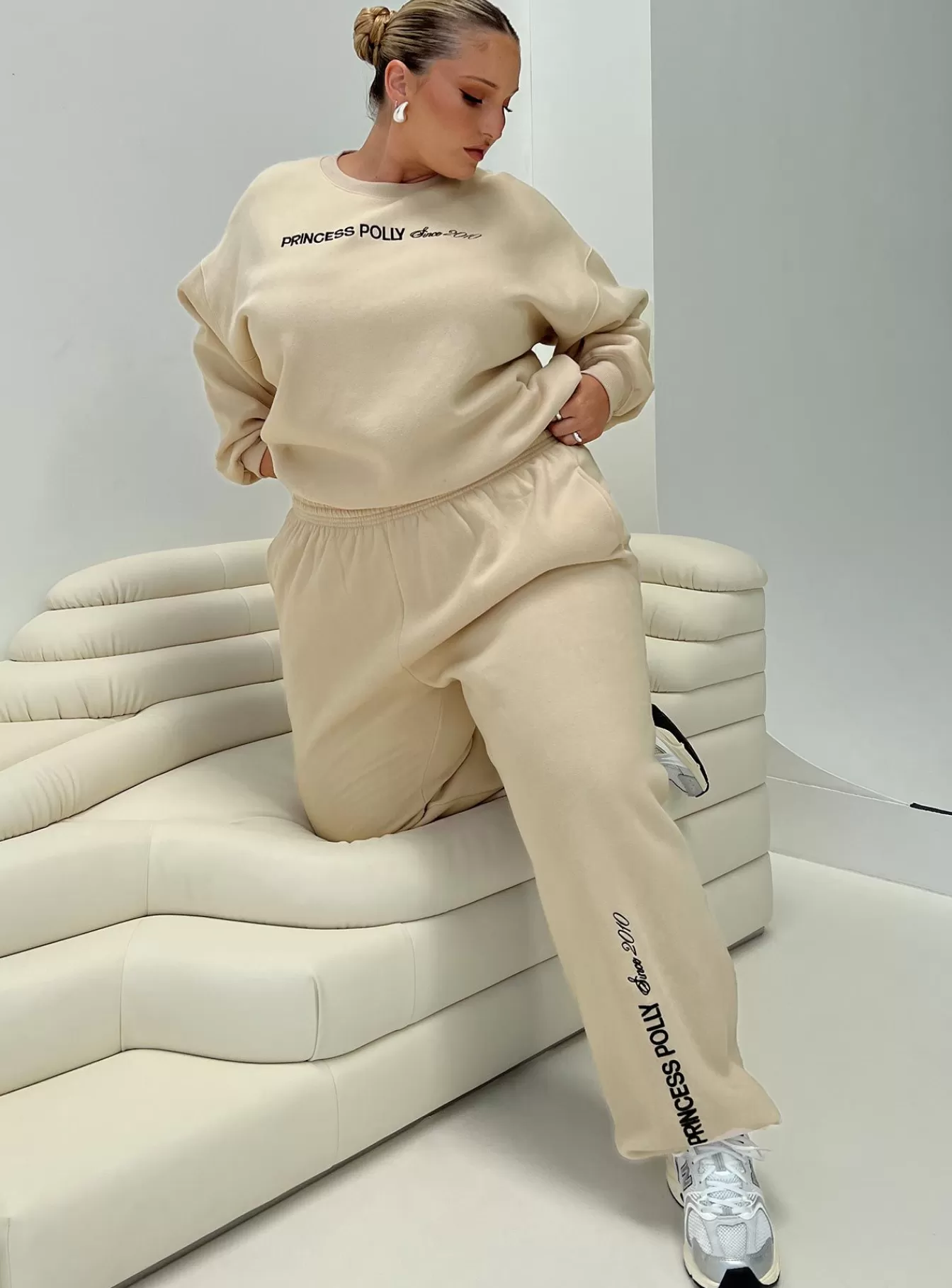 Princess Polly Sweatshirts & Hoodies | Crew Neck Sweatshirt Block / Cursive Text Curve Stone