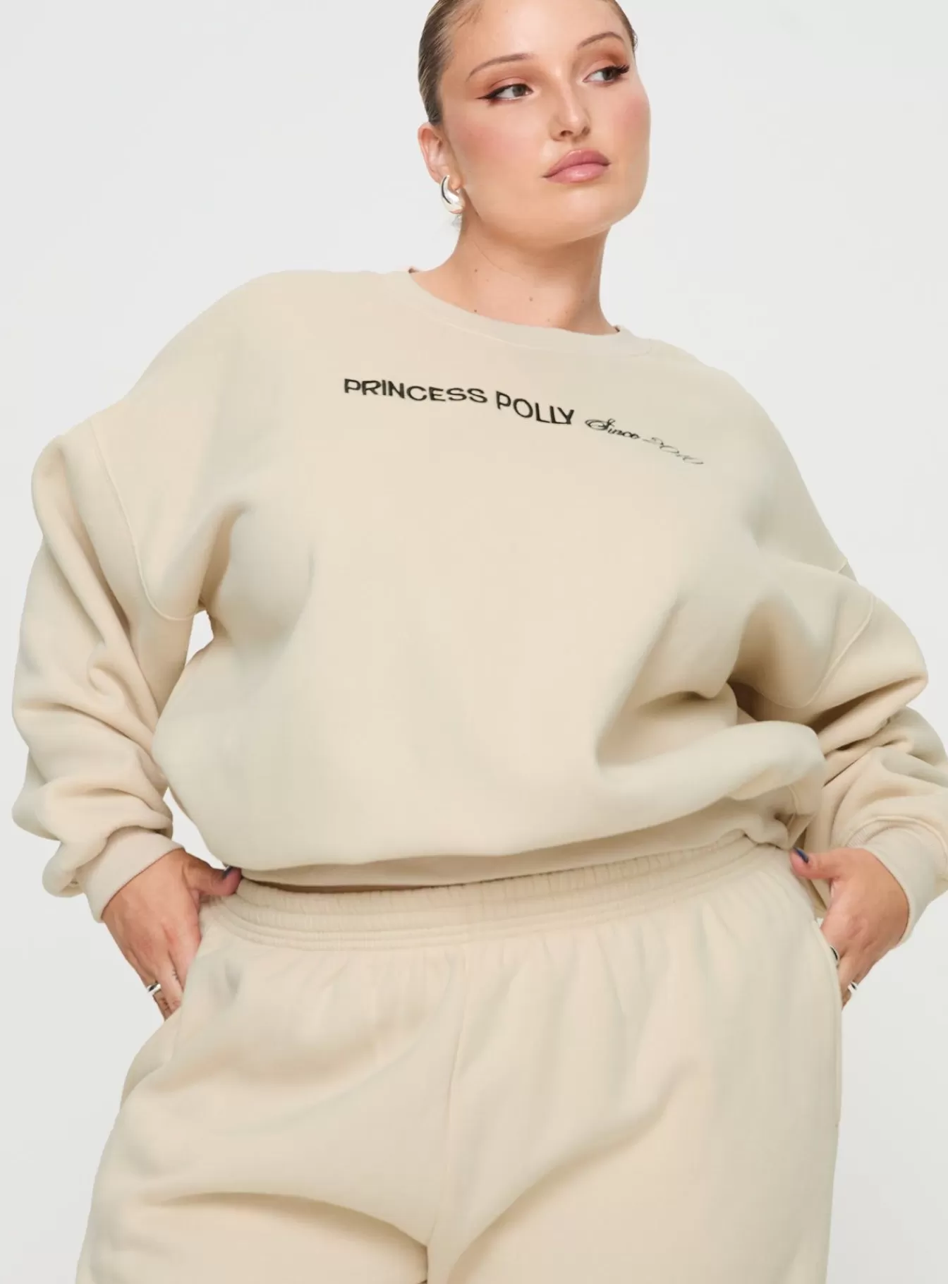 Princess Polly Sweatshirts & Hoodies | Crew Neck Sweatshirt Block / Cursive Text Curve Stone