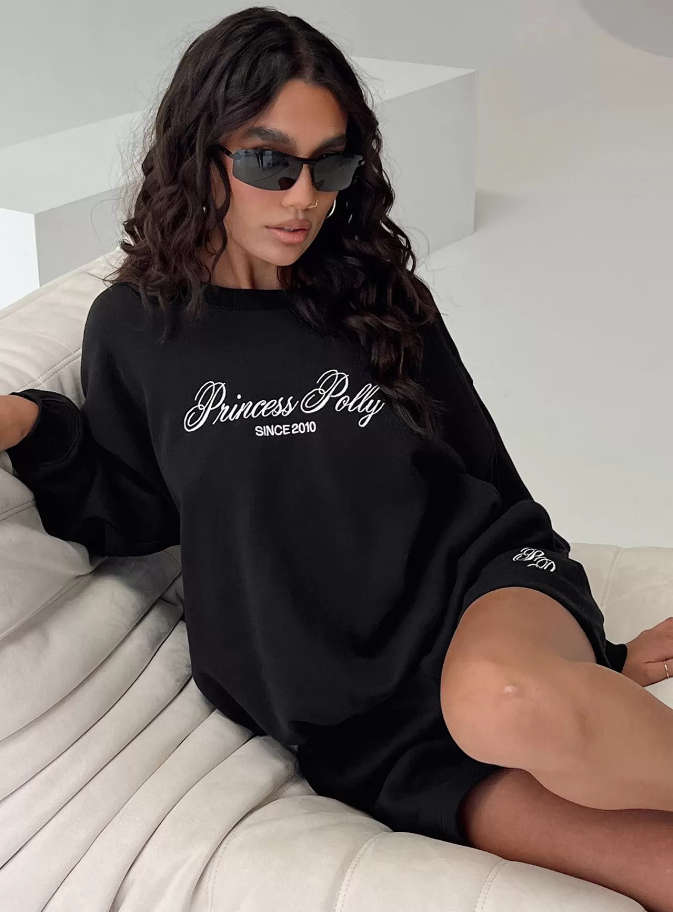 Princess Polly Sweatshirts & Hoodies | Crew Neck Sweatshirt Cursive Text Black Sand