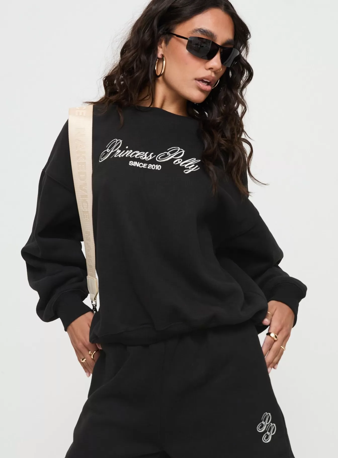 Princess Polly Sweatshirts & Hoodies | Crew Neck Sweatshirt Cursive Text Black Sand