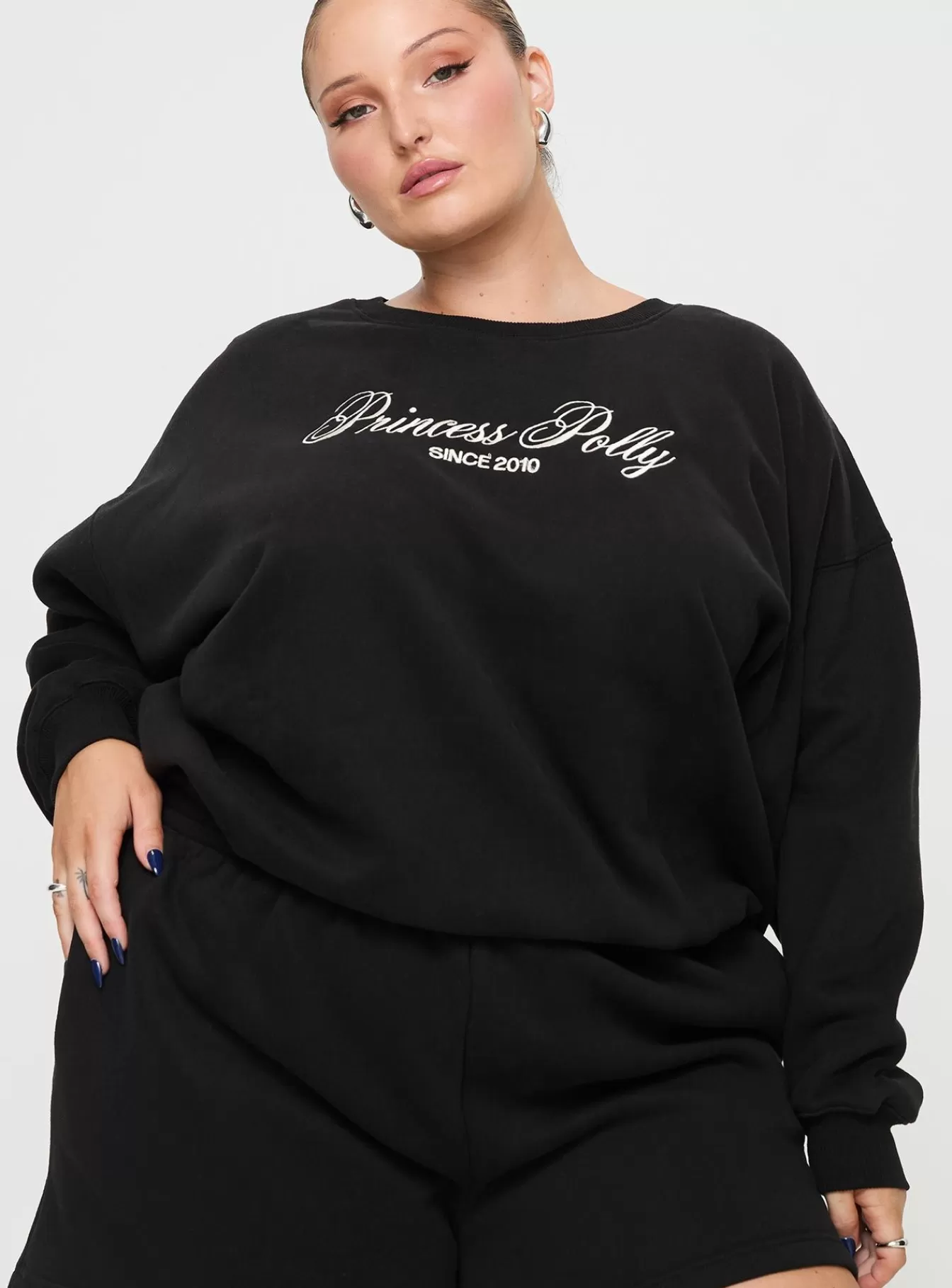 Princess Polly Sweatshirts & Hoodies | Crew Neck Sweatshirt Cursive Text Curve Black Sand