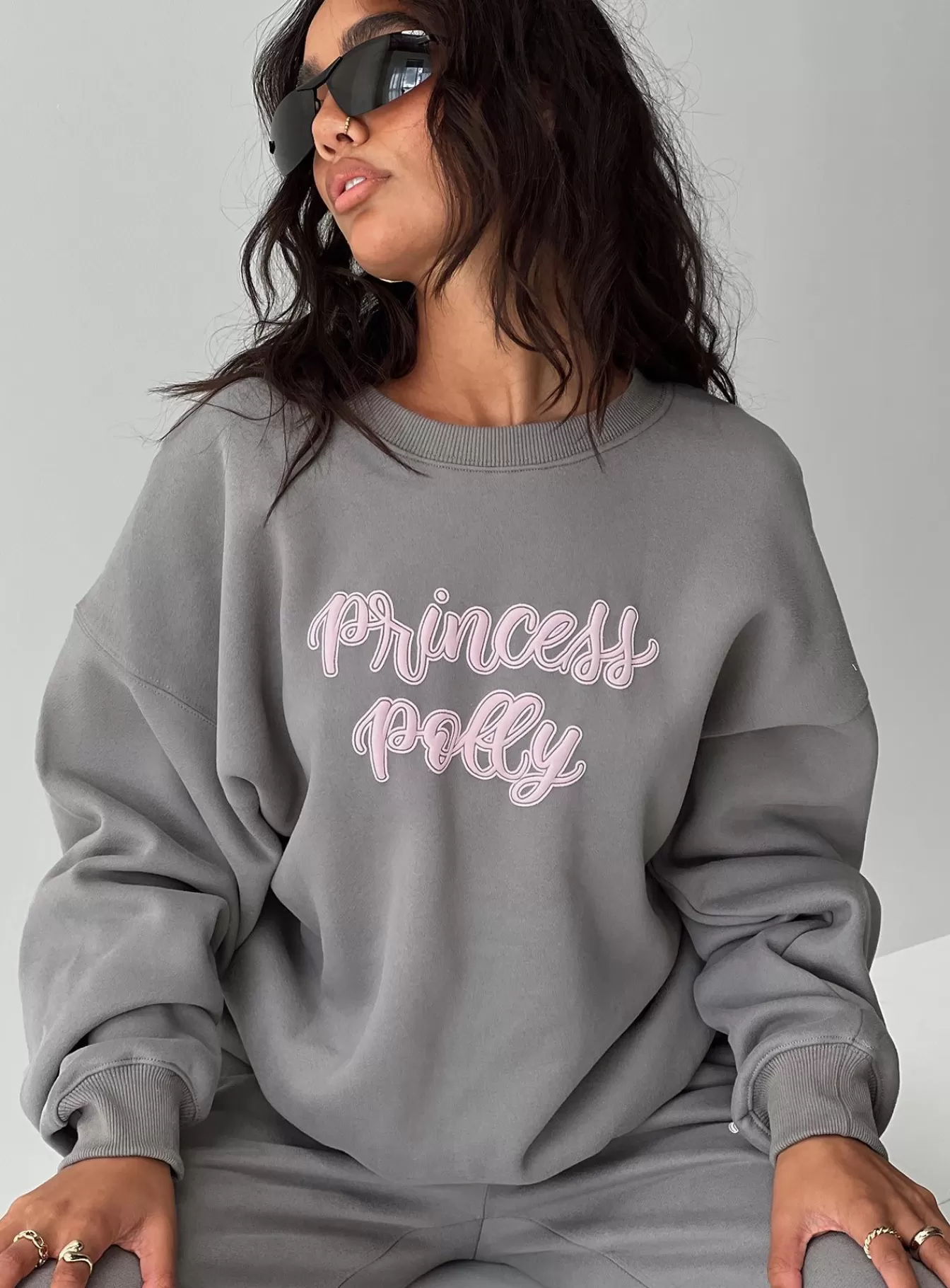 Princess Polly Sweatshirts & Hoodies | Crew Neck Sweatshirt Puff Text Charcoal