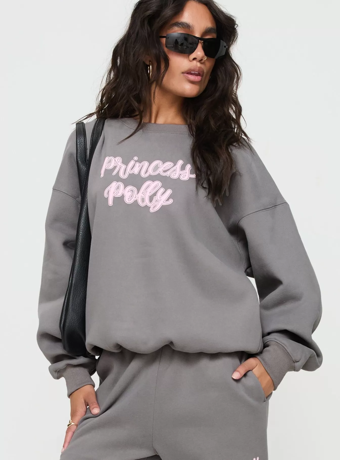 Princess Polly Sweatshirts & Hoodies | Crew Neck Sweatshirt Puff Text Charcoal