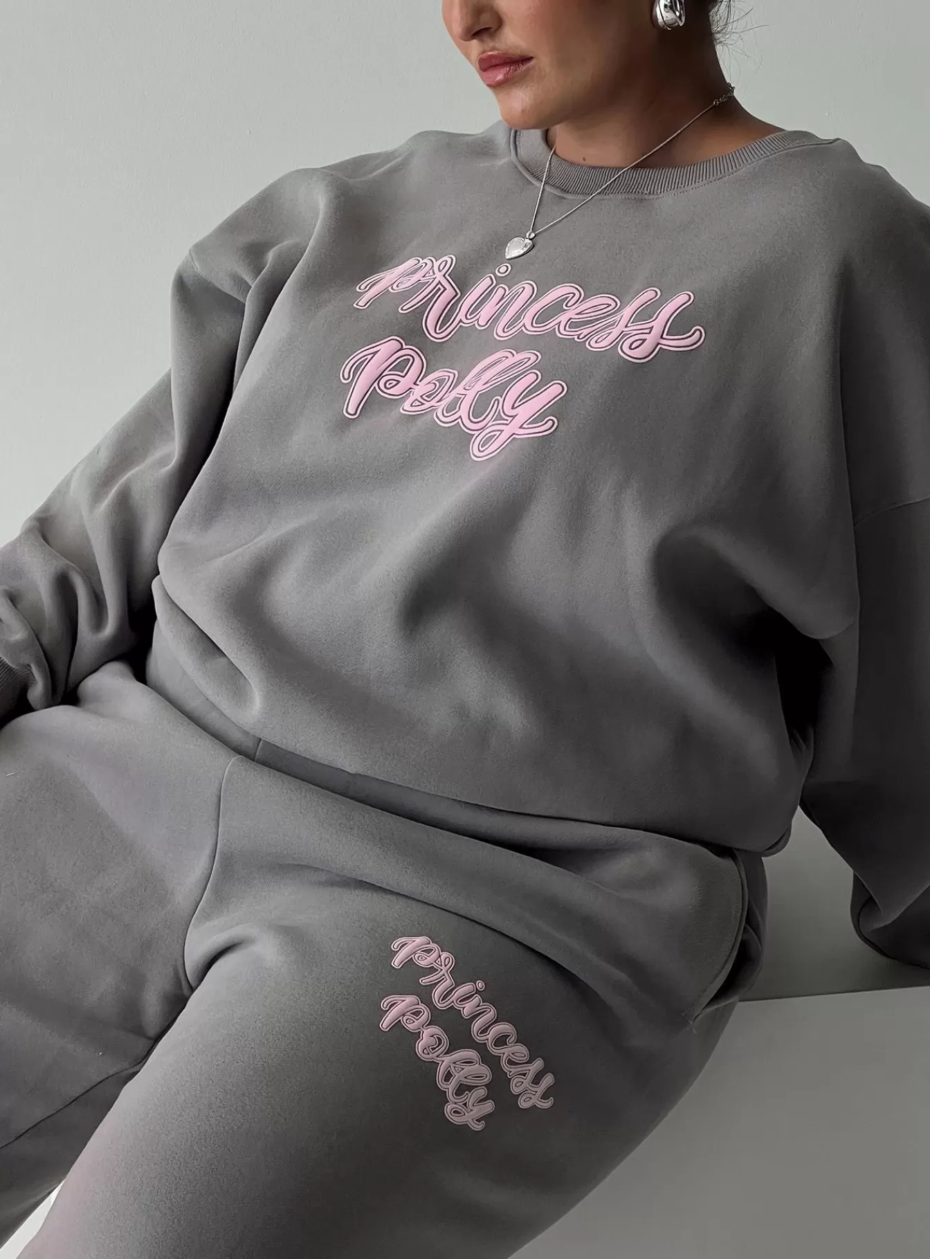 Princess Polly Sweatshirts & Hoodies | Crew Neck Sweatshirt Puff Text Curve Charcoal