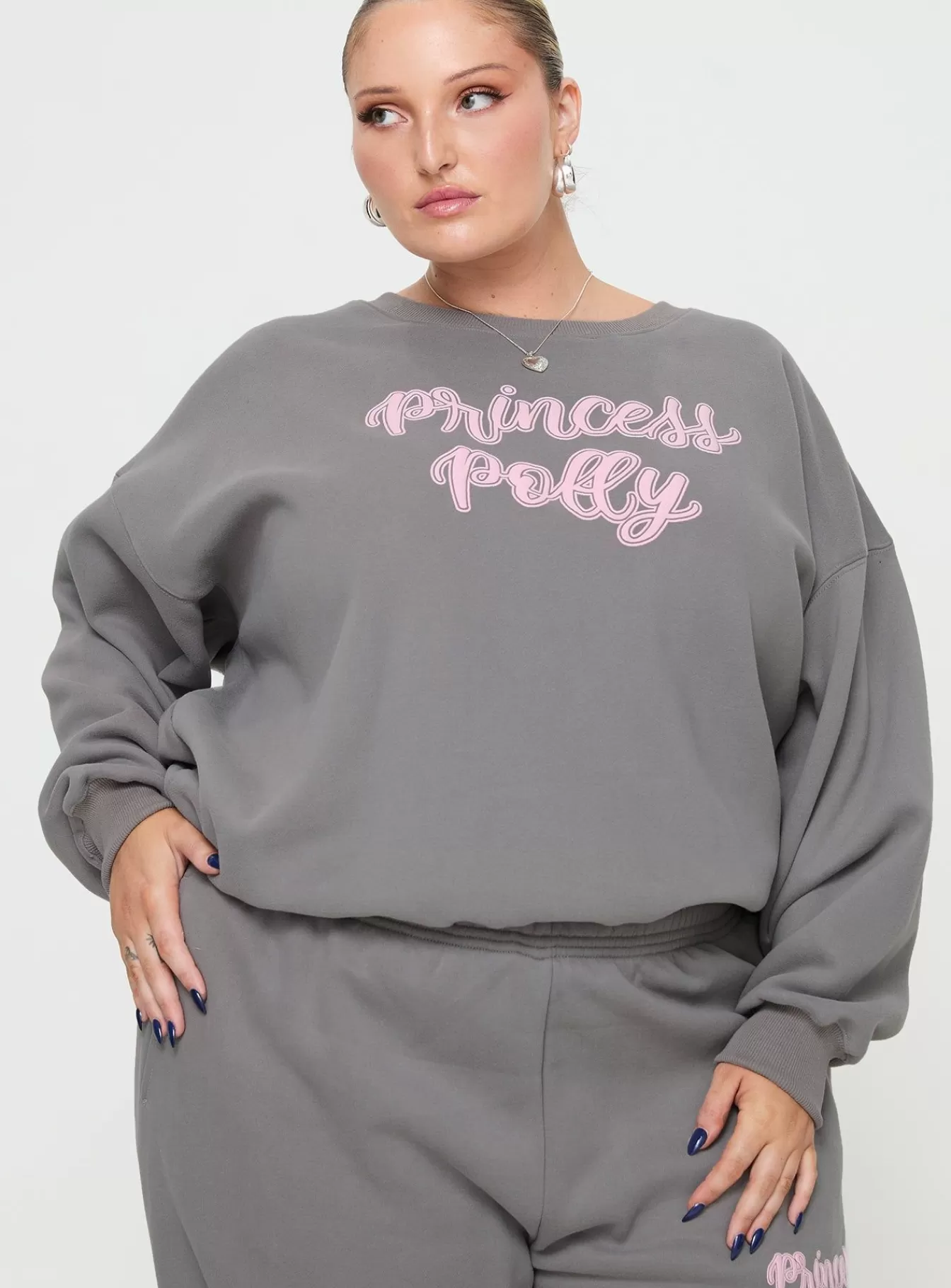 Princess Polly Sweatshirts & Hoodies | Crew Neck Sweatshirt Puff Text Curve Charcoal