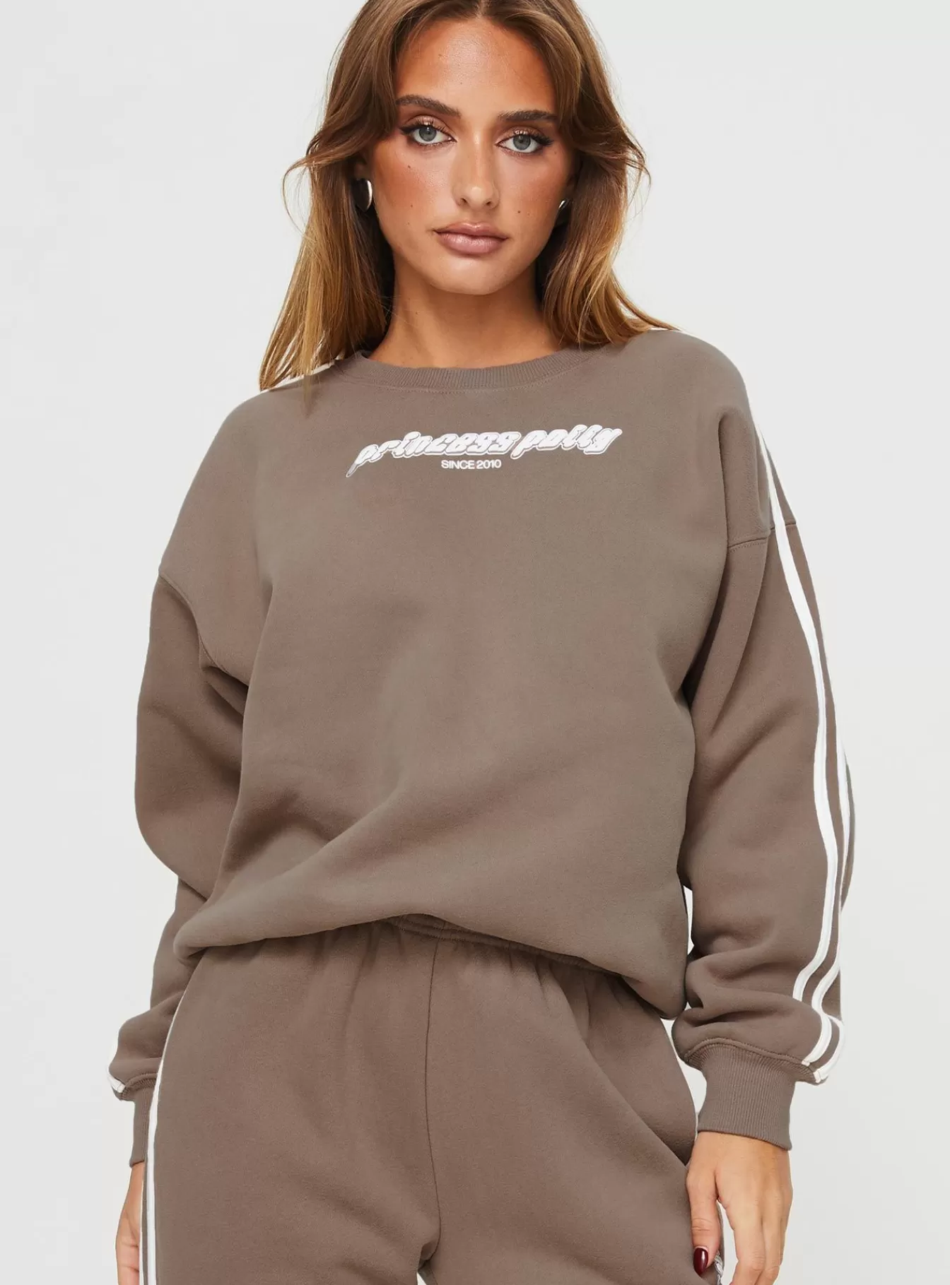 Princess Polly Loungewear Sets | Crew Neck Sweatshirt Stripe Taupe / White