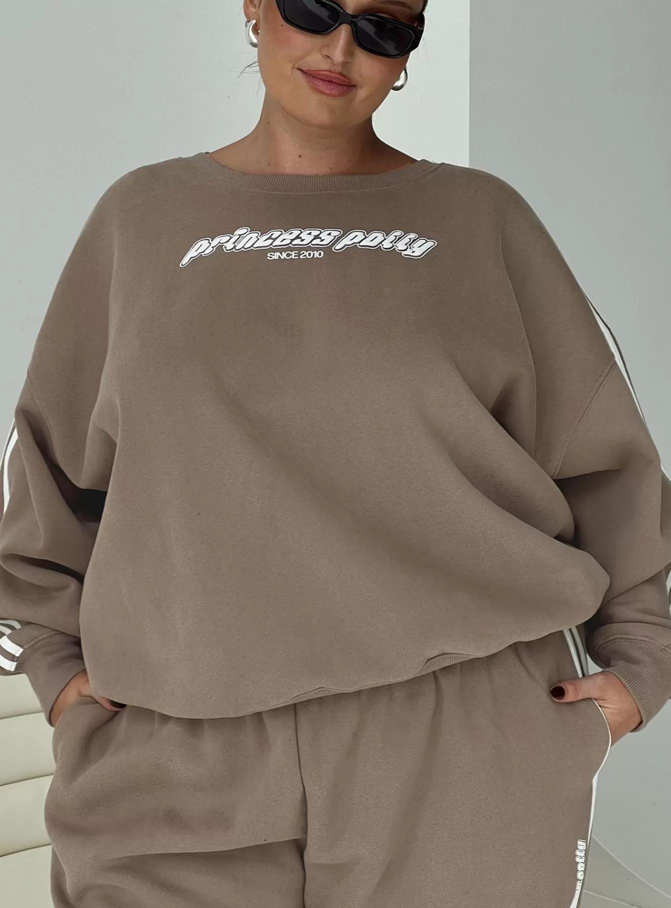 Princess Polly Sweatshirts & Hoodies | Crew Neck Sweatshirt Stripe Curve Taupe / White