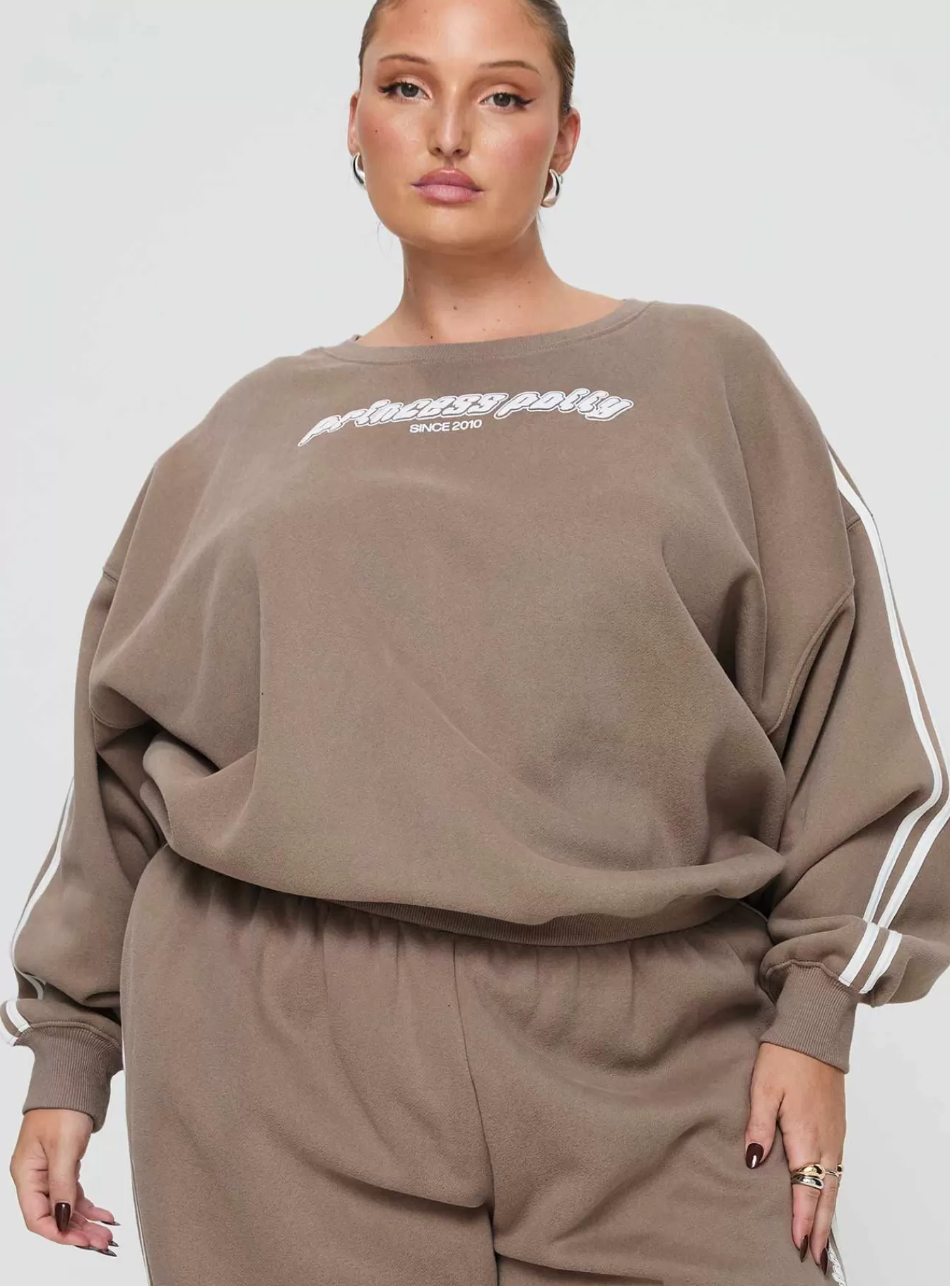 Princess Polly Sweatshirts & Hoodies | Crew Neck Sweatshirt Stripe Curve Taupe / White