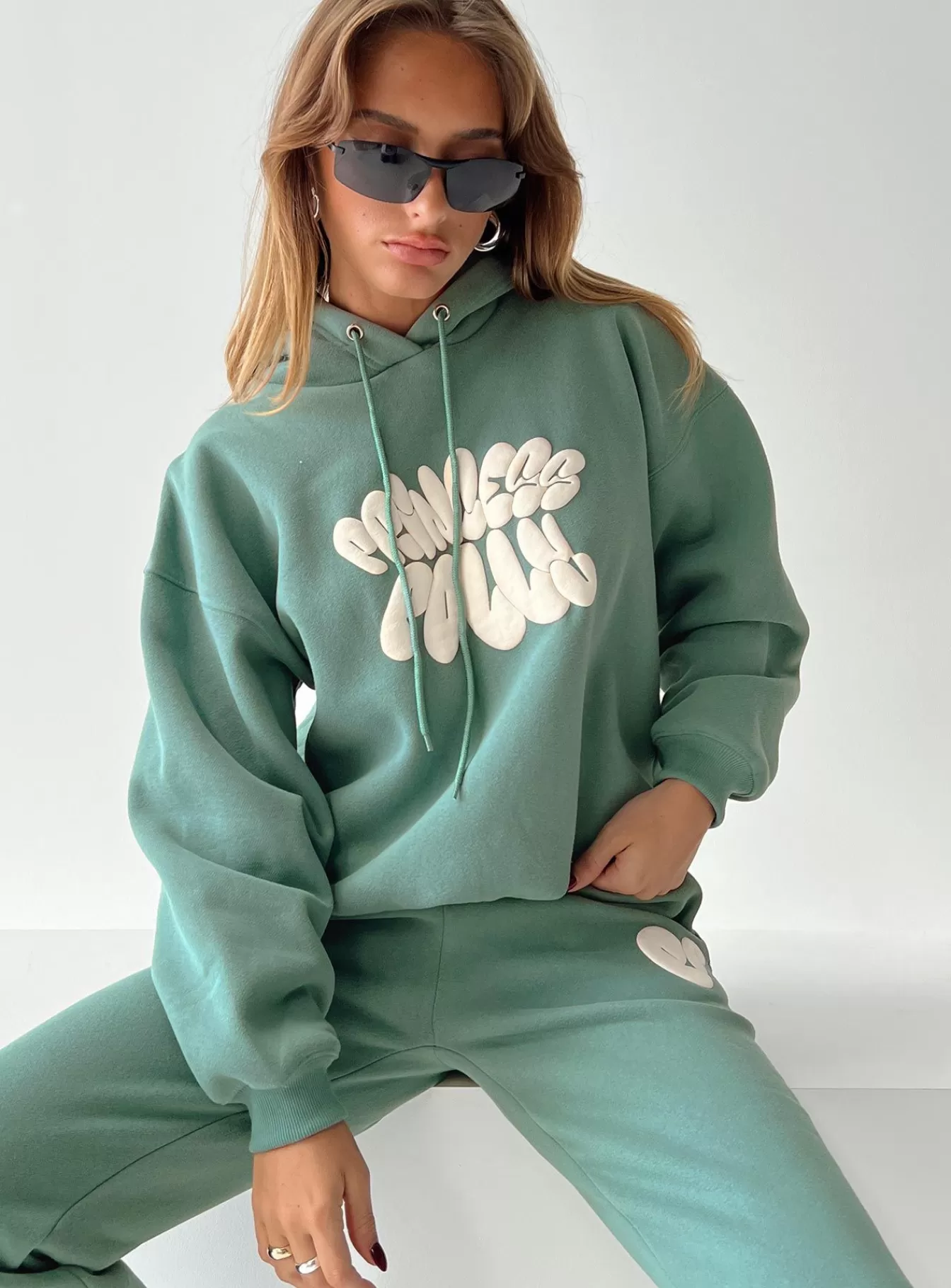 Princess Polly Sweatshirts & Hoodies | Hooded Sweatshirt Bubble Text Sage / Eggshell