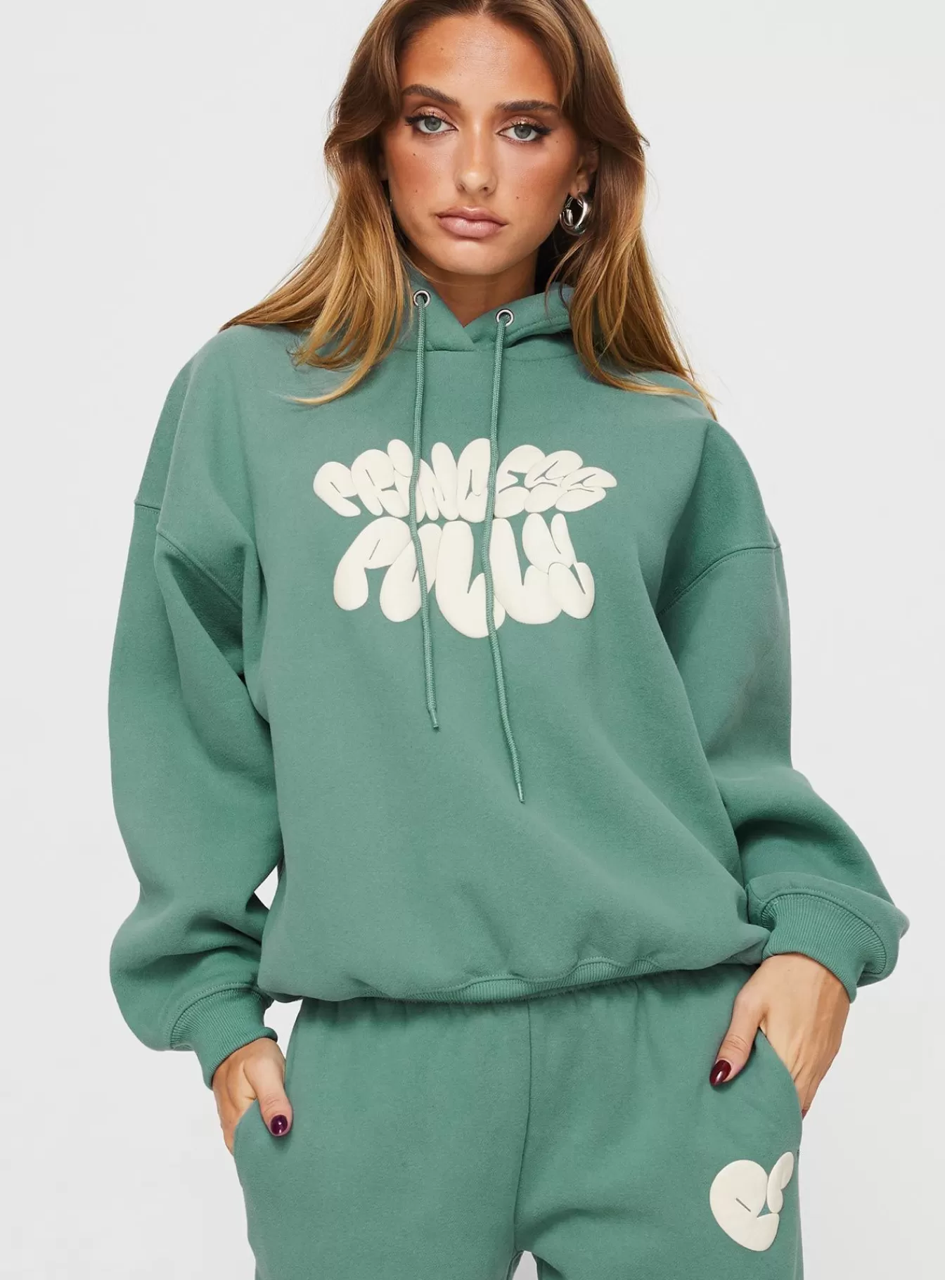 Princess Polly Sweatshirts & Hoodies | Hooded Sweatshirt Bubble Text Sage / Eggshell