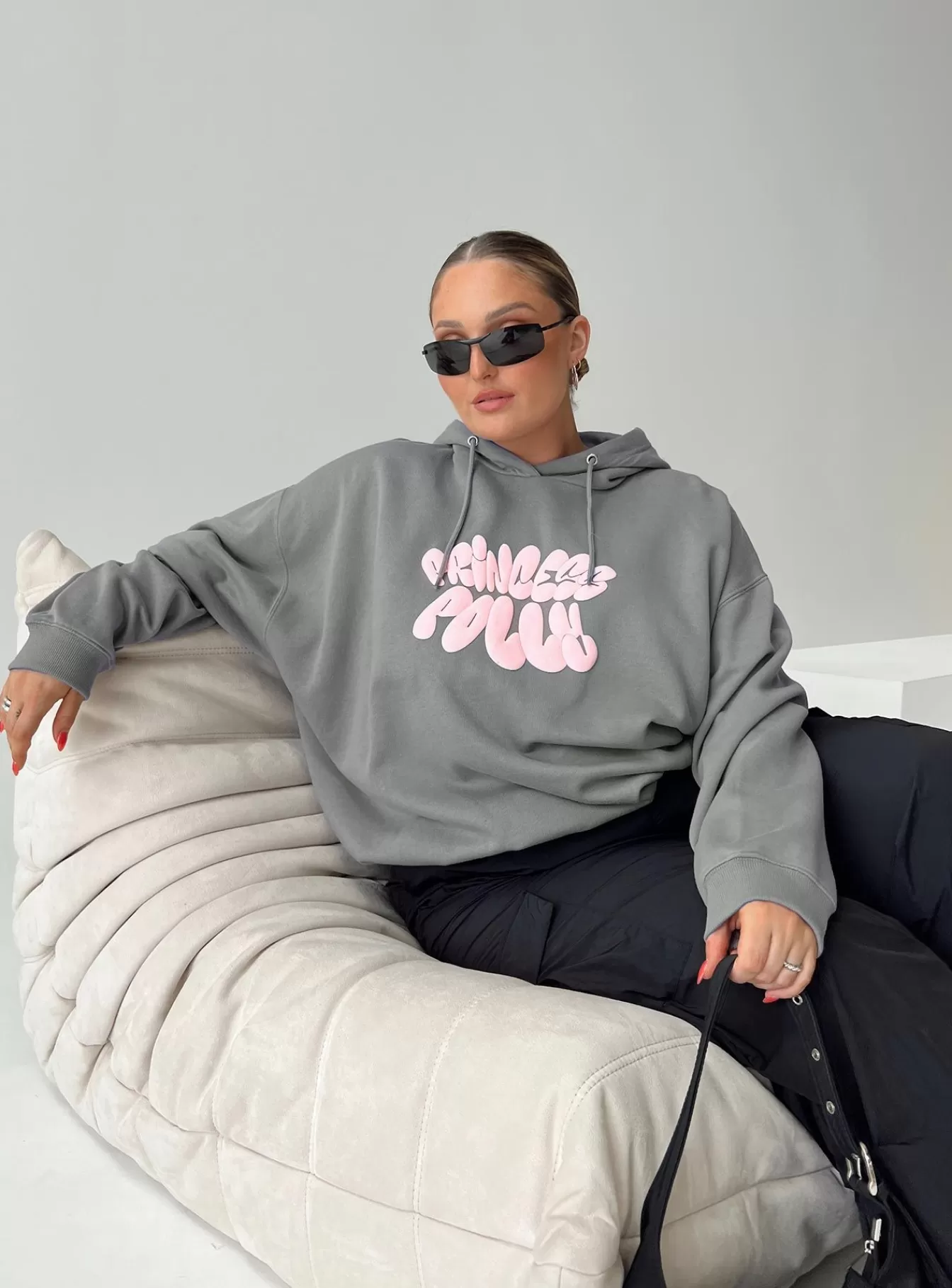 Princess Polly Sweatshirts & Hoodies | Hooded Sweatshirt Bubble Text Curve Charcoal / Light Pink