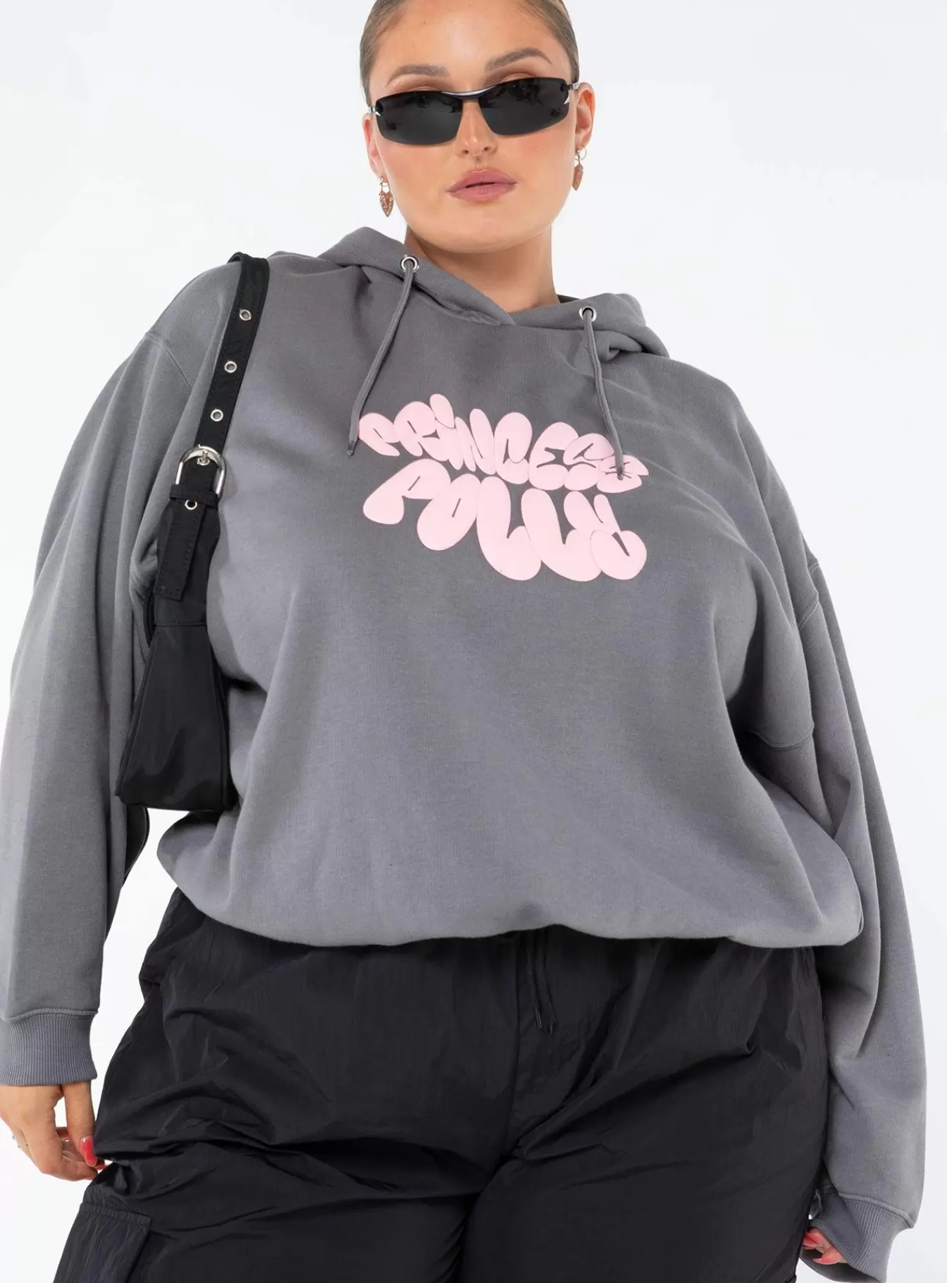 Princess Polly Sweatshirts & Hoodies | Hooded Sweatshirt Bubble Text Curve Charcoal / Light Pink