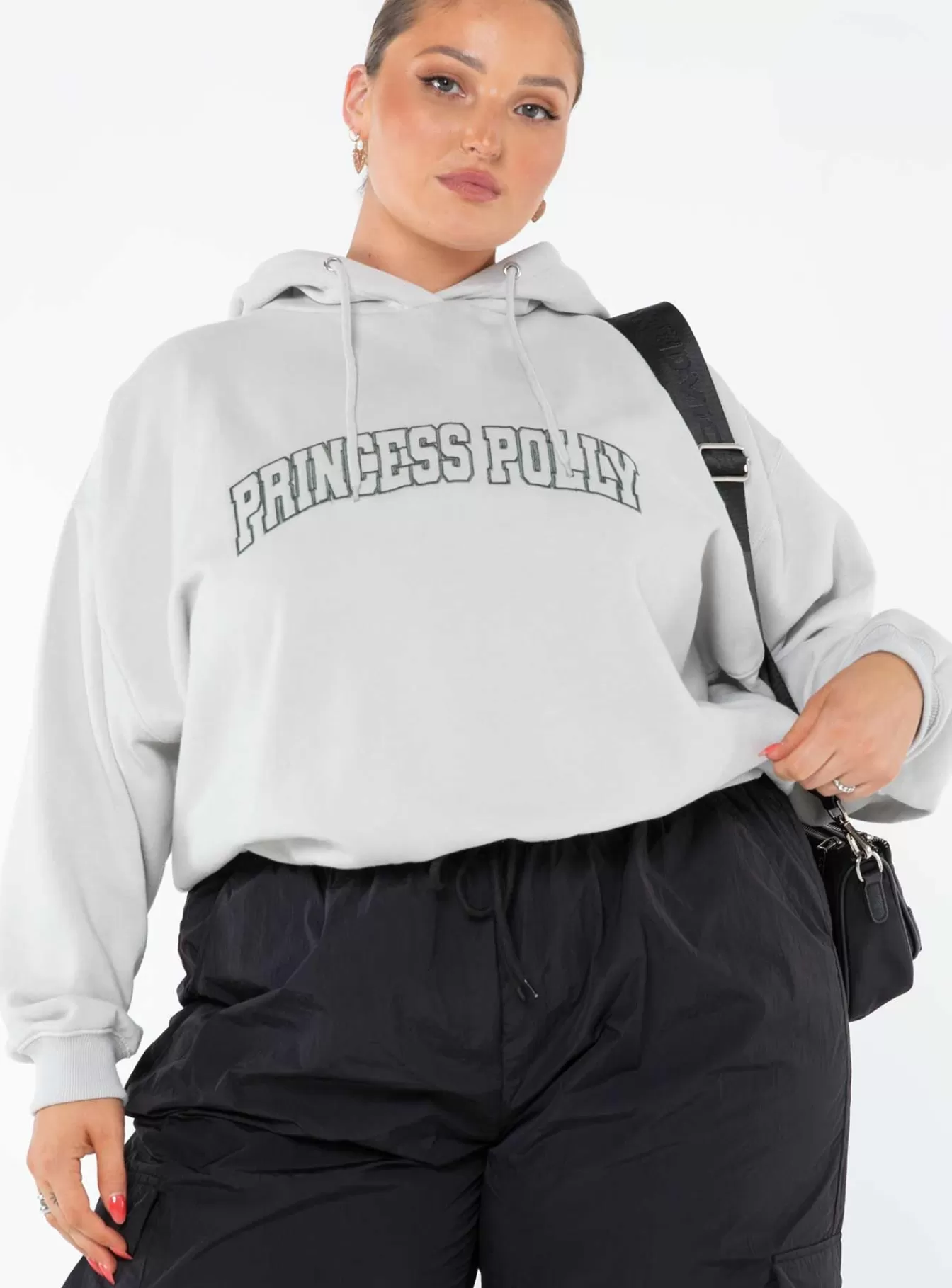 Princess Polly Sweatshirts & Hoodies | Hooded Sweatshirt Collegiate Text Curve Grey / Green