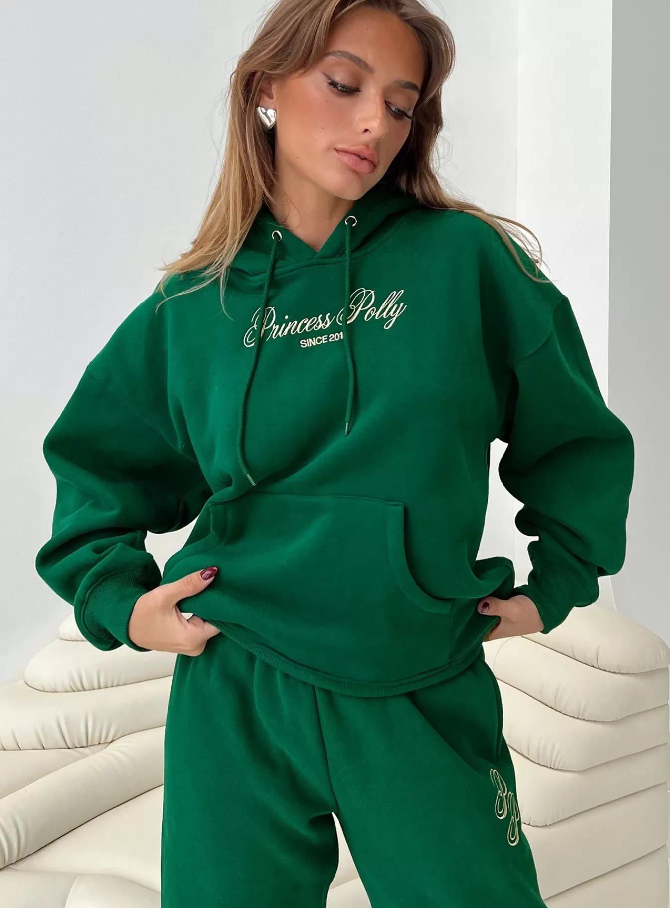 Princess Polly Sweatshirts & Hoodies | Hooded Sweatshirt Script Green / Ivory
