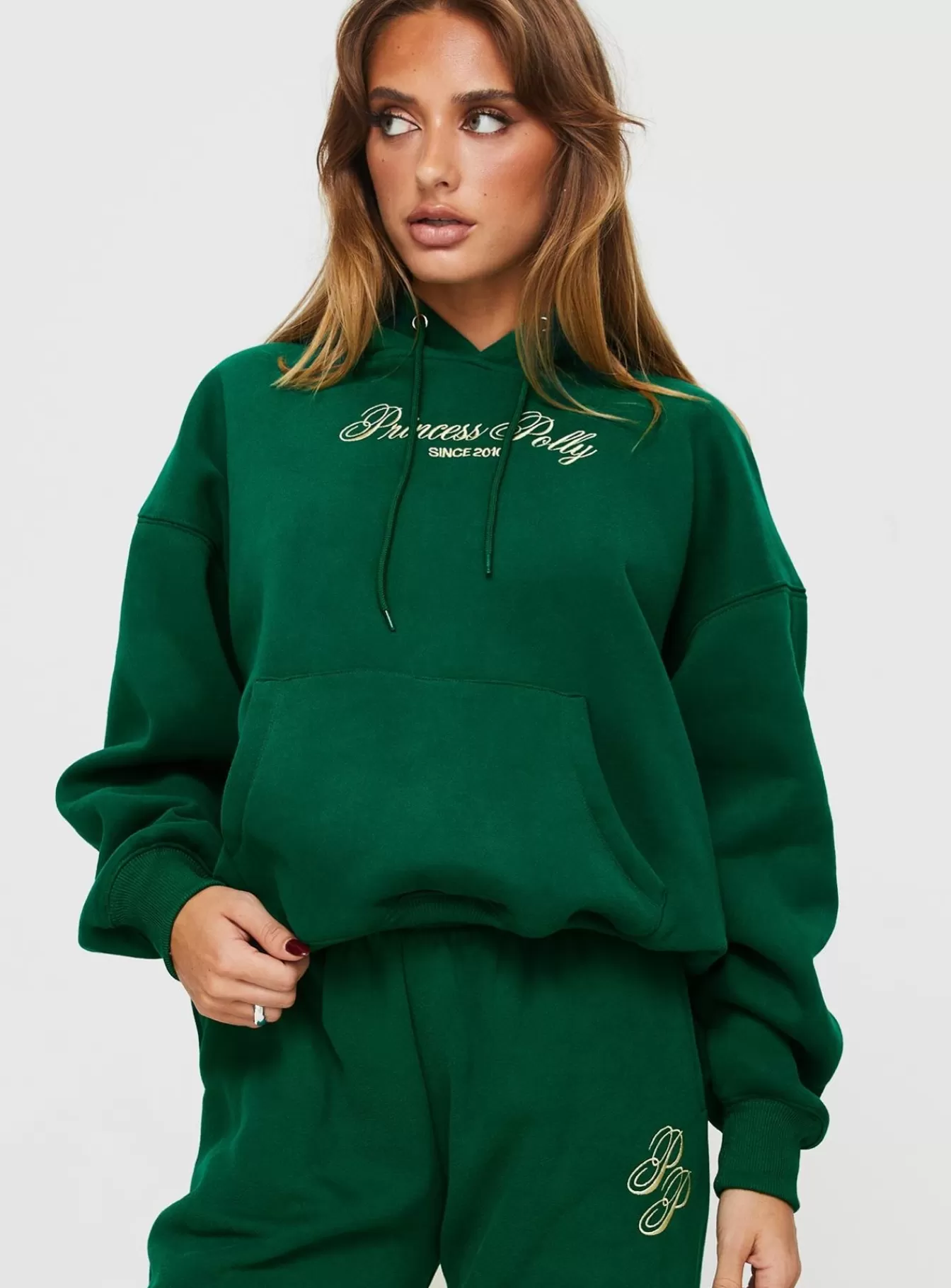 Princess Polly Sweatshirts & Hoodies | Hooded Sweatshirt Script Green / Ivory
