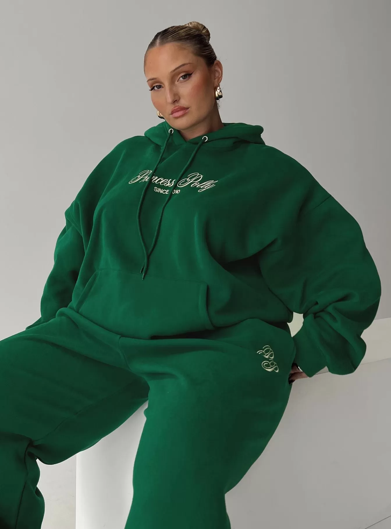 Princess Polly Sweatshirts & Hoodies | Hooded Sweatshirt Script Curve Green / Ivory