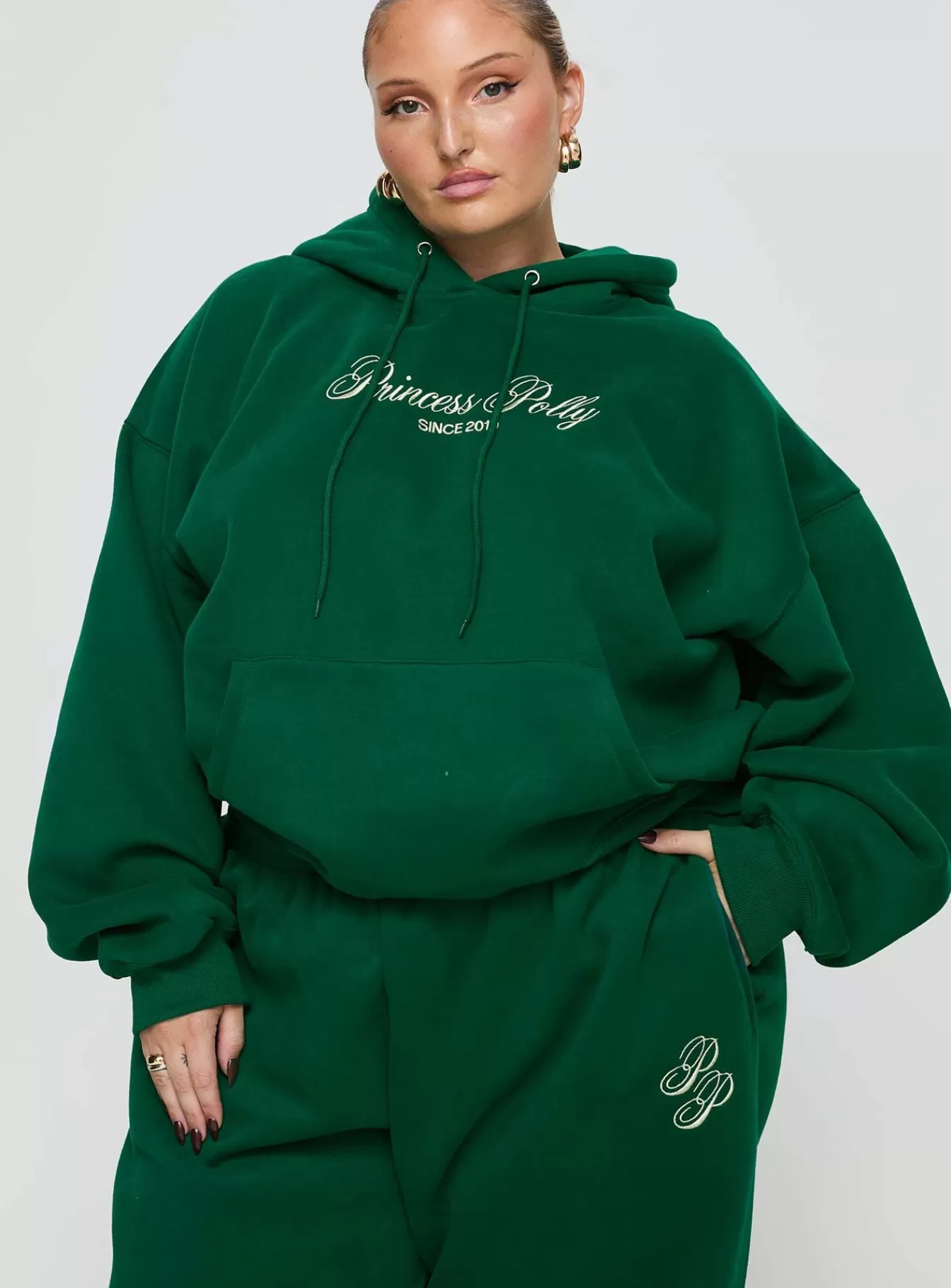 Princess Polly Sweatshirts & Hoodies | Hooded Sweatshirt Script Curve Green / Ivory