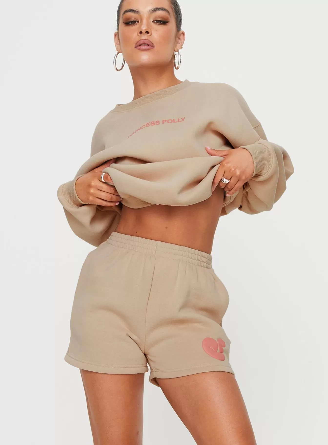 Princess Polly Shorts | Sweat Short Bubble Text Sand/ Pink